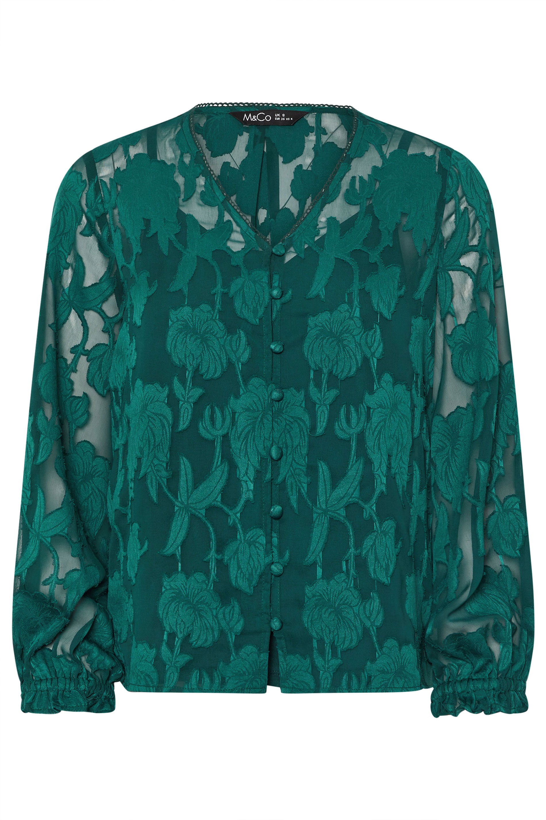 M&Co Petite Teal Green Floral Jacquard V-Neck Blouse | M&Co 7