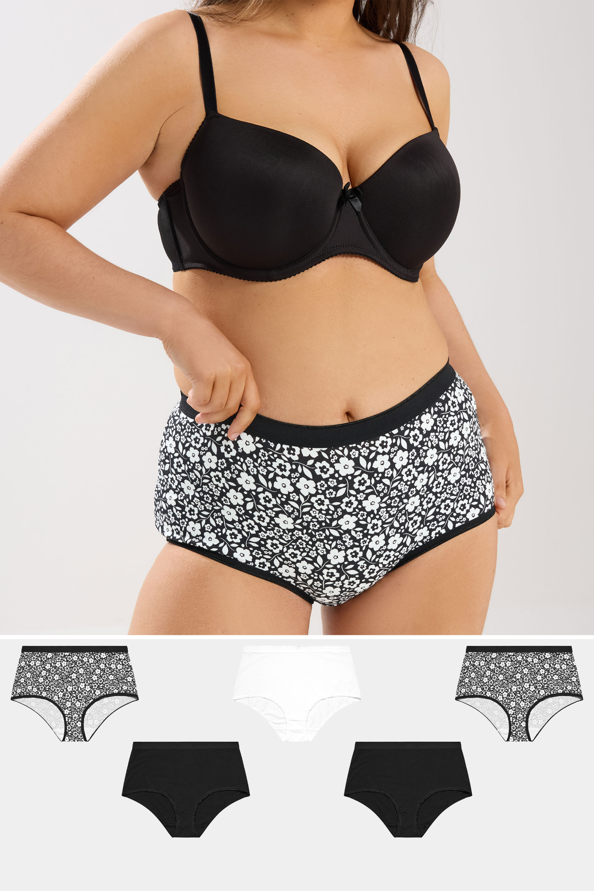 YOURSET 5 PACK Plus Size Black & White Floral Full Briefs | Yours Clothing 1