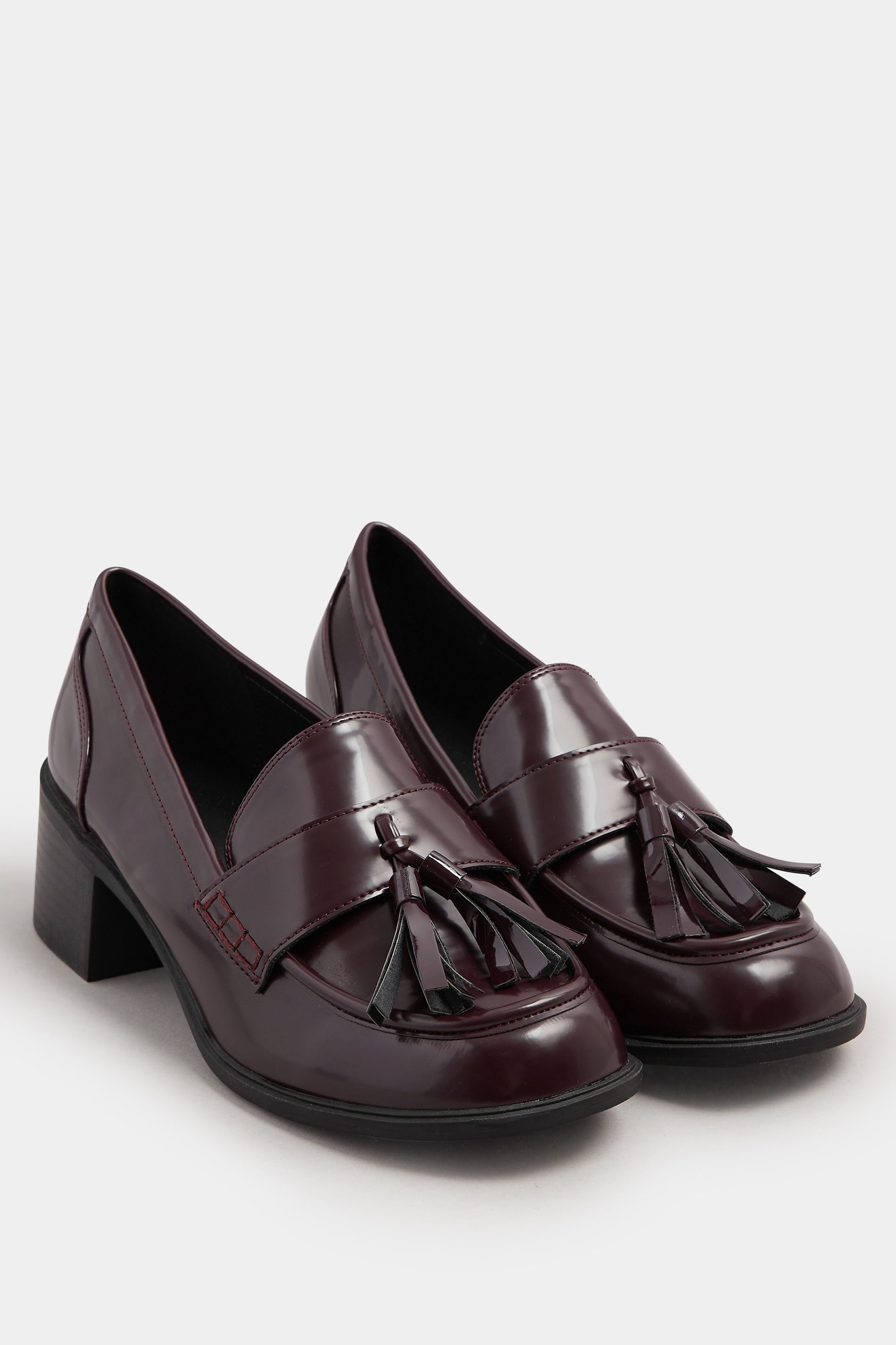 Burgundy Red Patent Heeled Tassel Loafers In Extra Wide EEE Fit | Yours Clothing 2