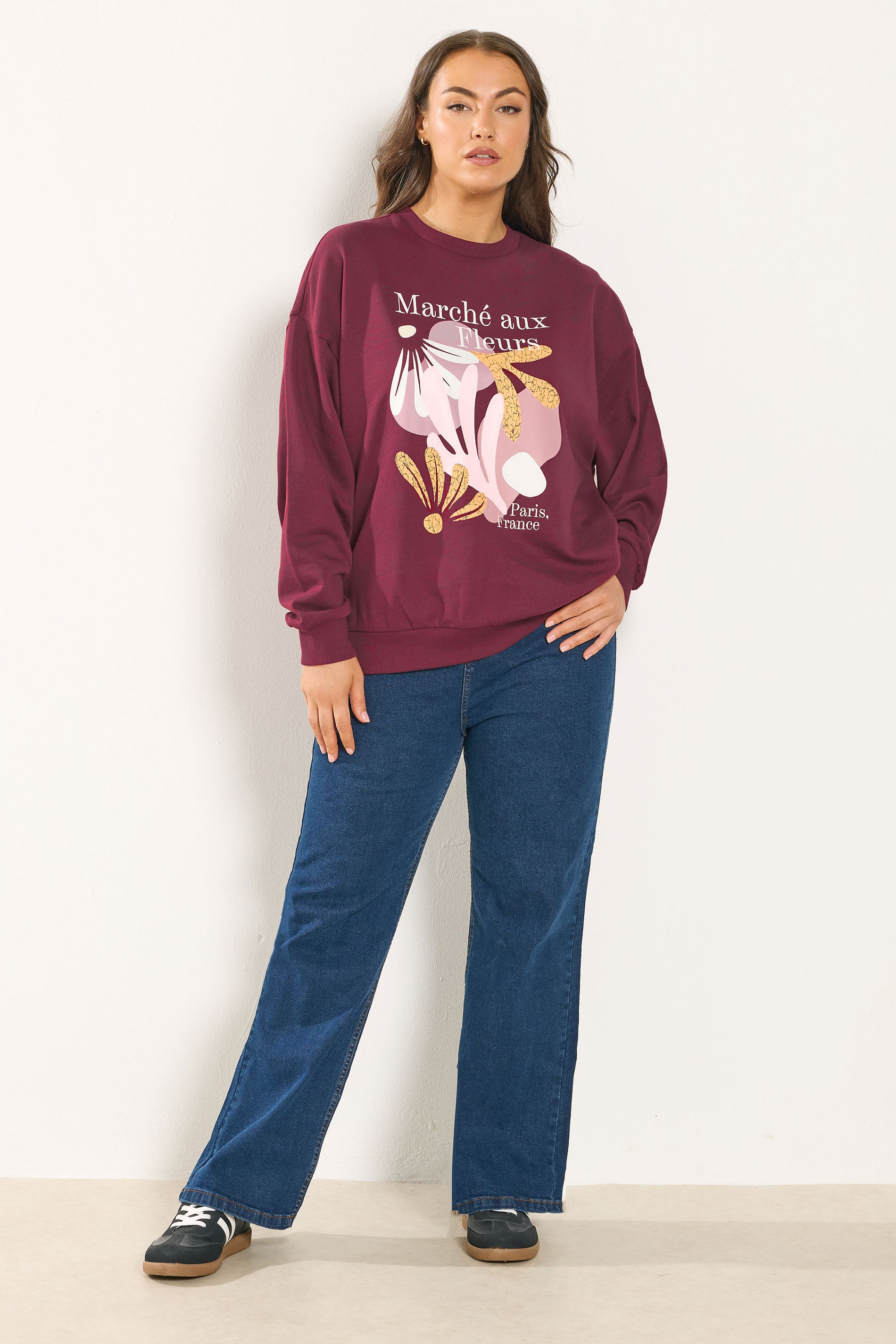 YOURS Plus Size Burgundy Red 'Marche Aux Fleurs' Slogan Sweatshirt | Yours Clothing 1