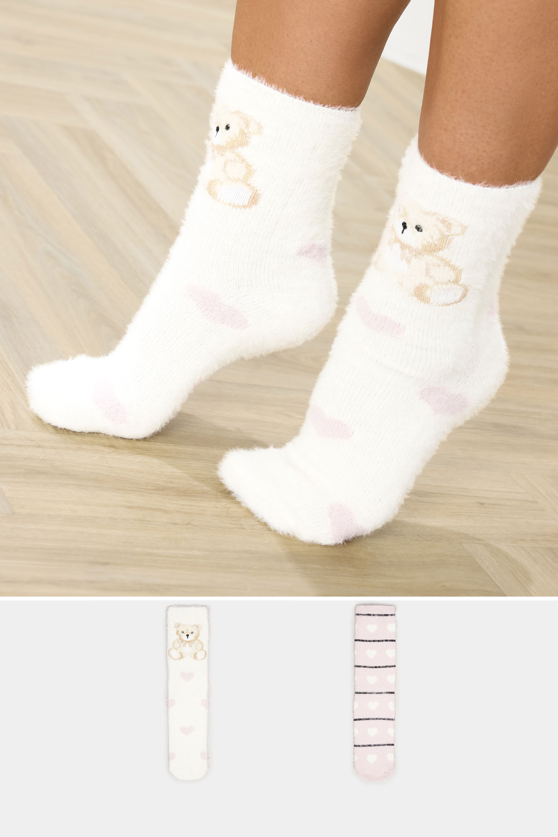 YOURSET 2 PACK Curve White & Pink Teddy Bear Fluffy Bed Socks | Yours Clothing 1