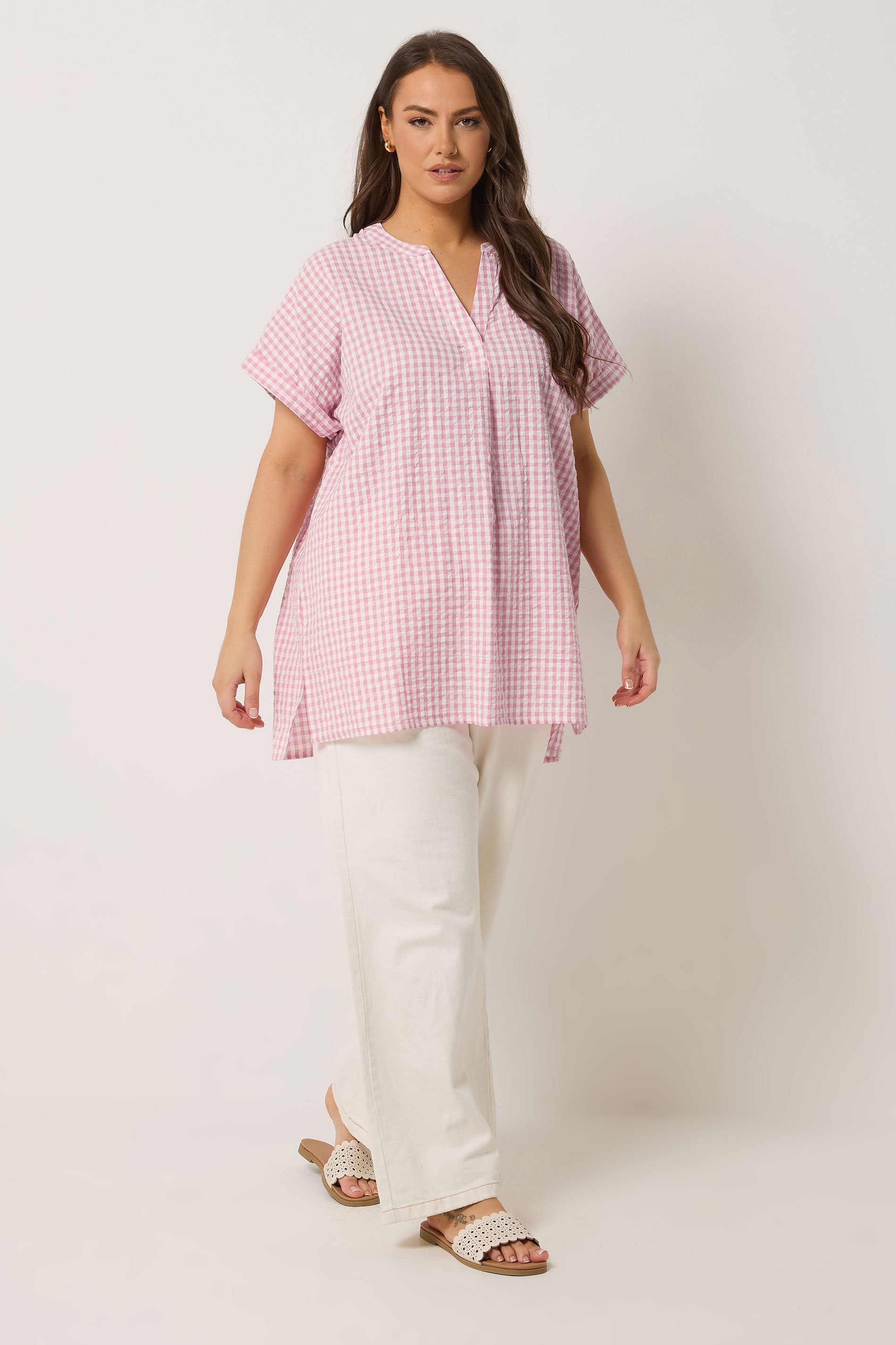 YOURS Plus Size Pink Check Overhead Half Placket Shirt | Yours Clothing 1