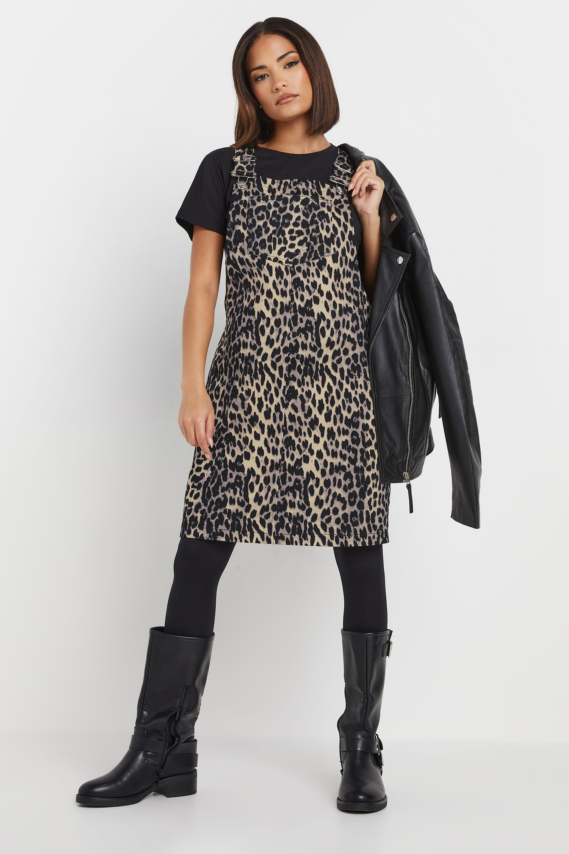 PixieGirl Petite Women's Natural Brown Leopard Print Denim Pinafore | PixieGirl 3