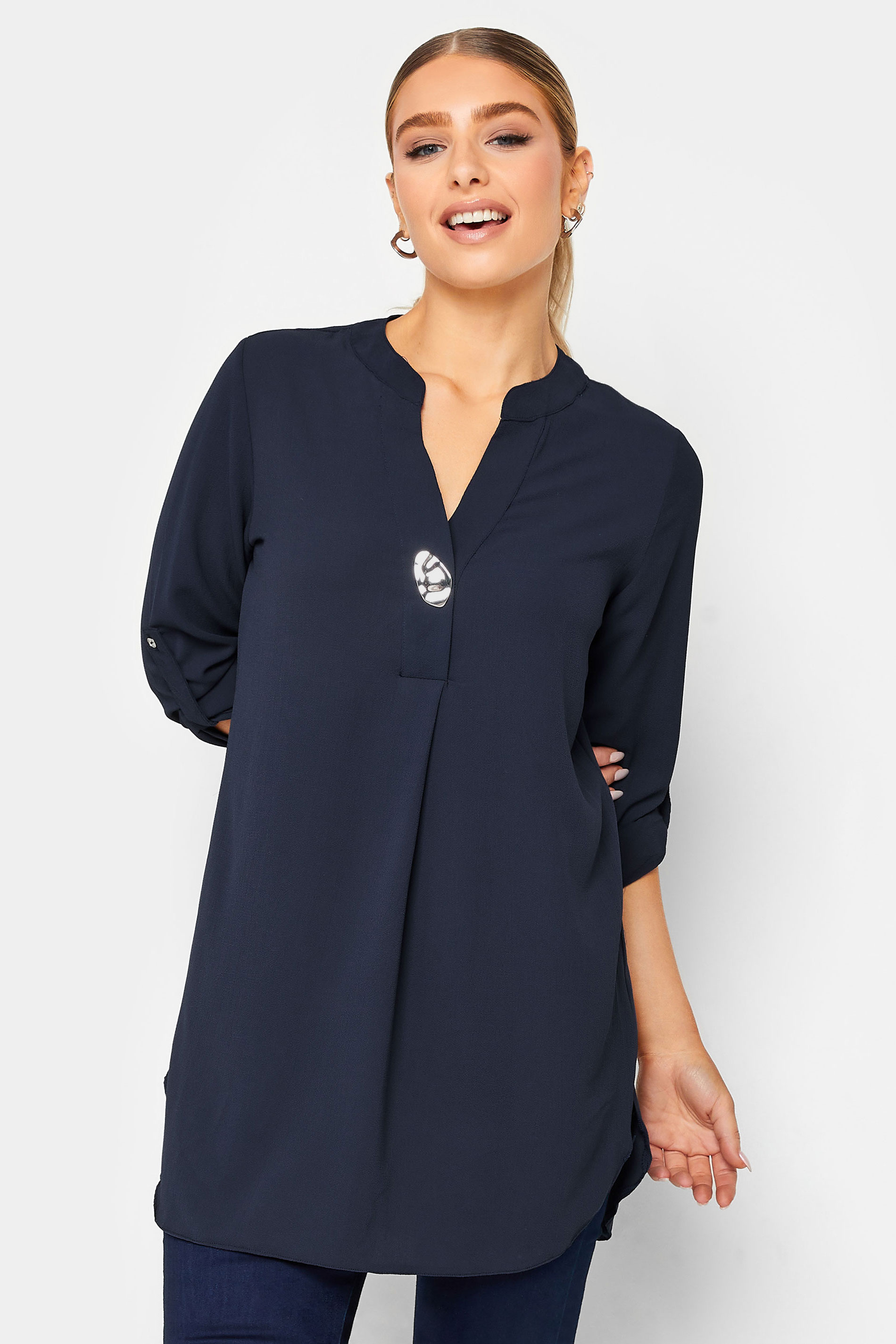 M&Co Navy Blue Long Sleeve Button Blouse | M&Co 1