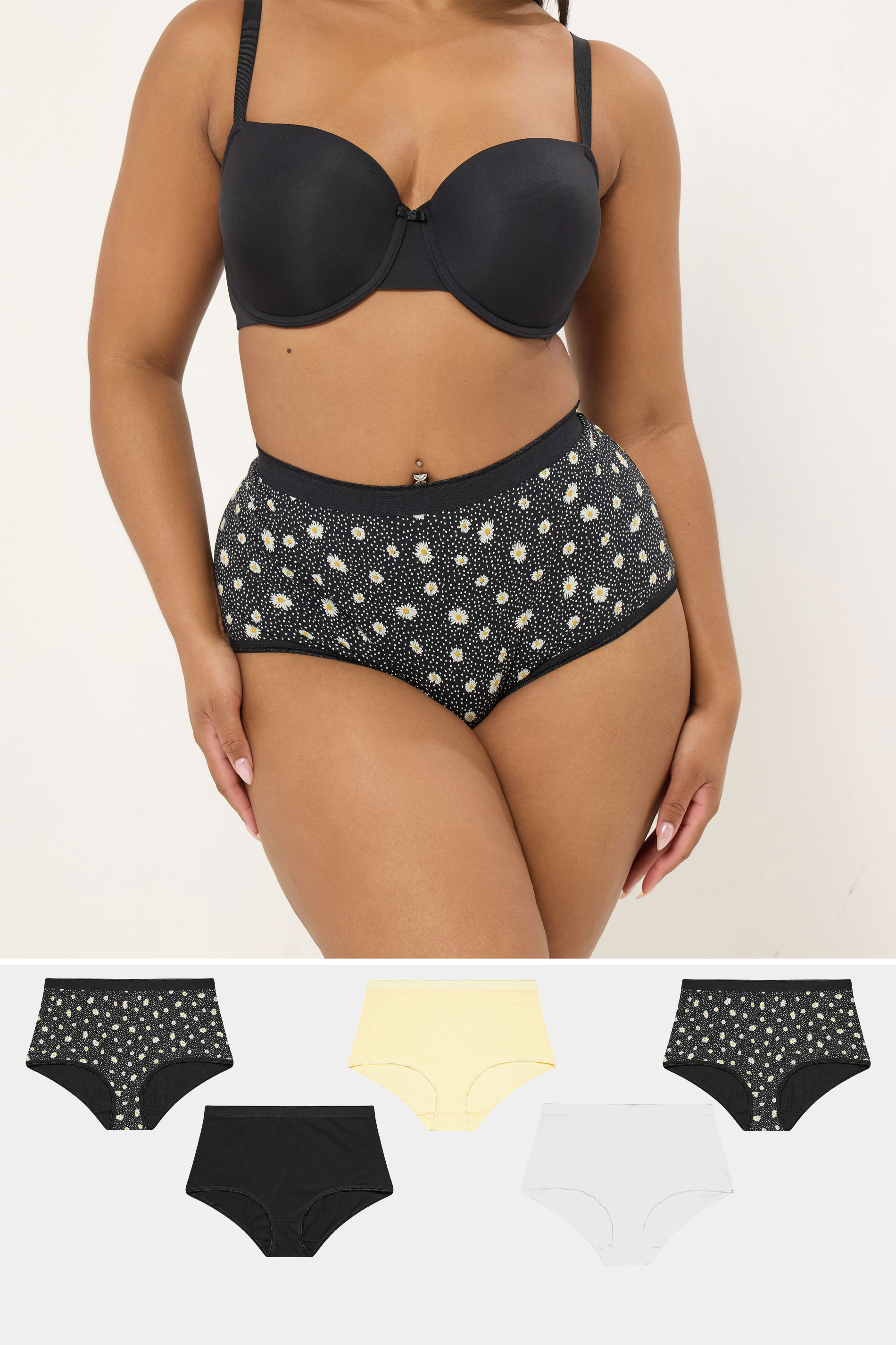YOURSET 5 PACK Plus Size Black & Yellow Daisy Full Briefs | Yours Clothing 1
