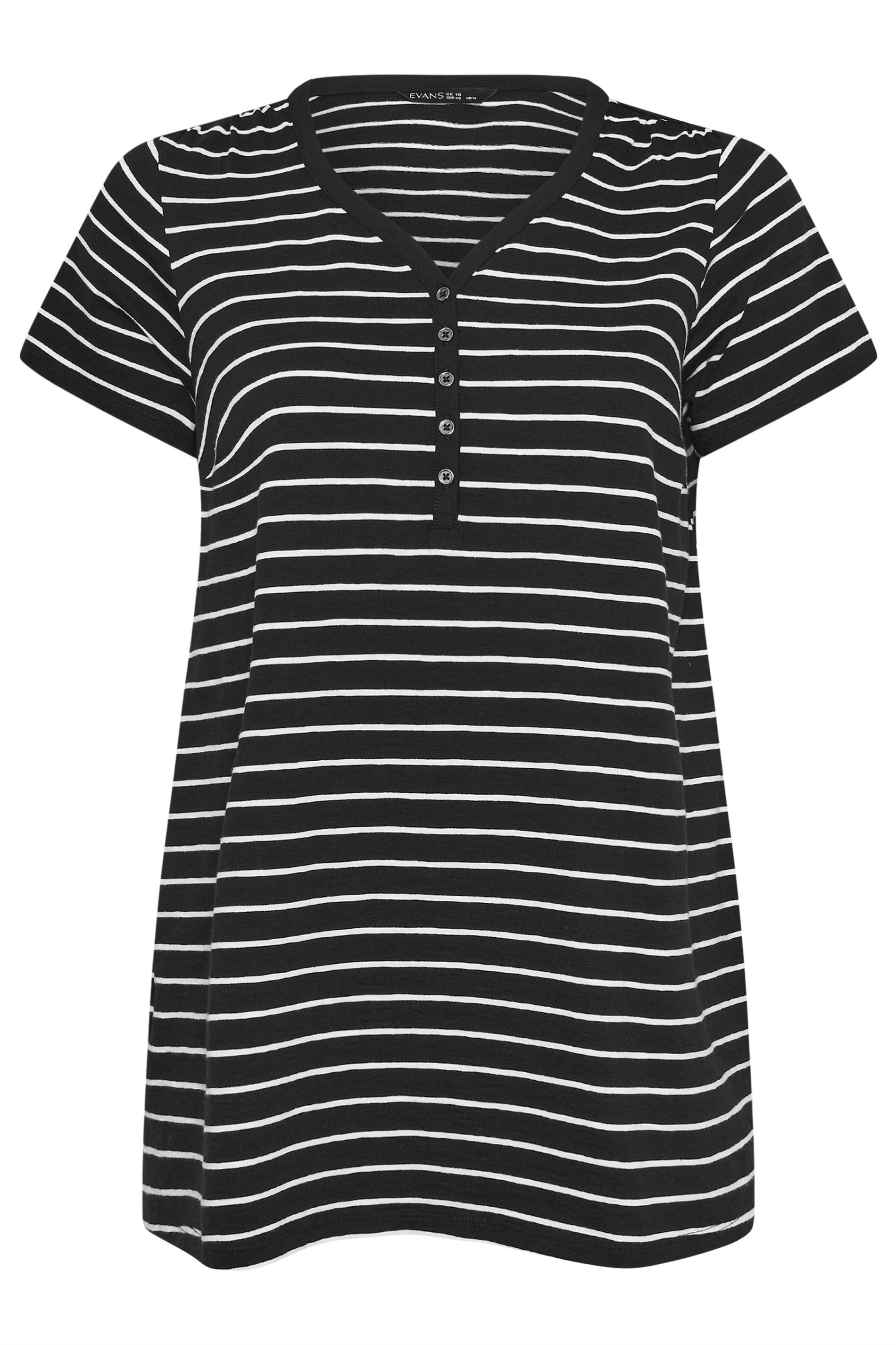 EVANS Plus Size Black Stripe Short Sleeve Cotton Henley Top | Evans 6