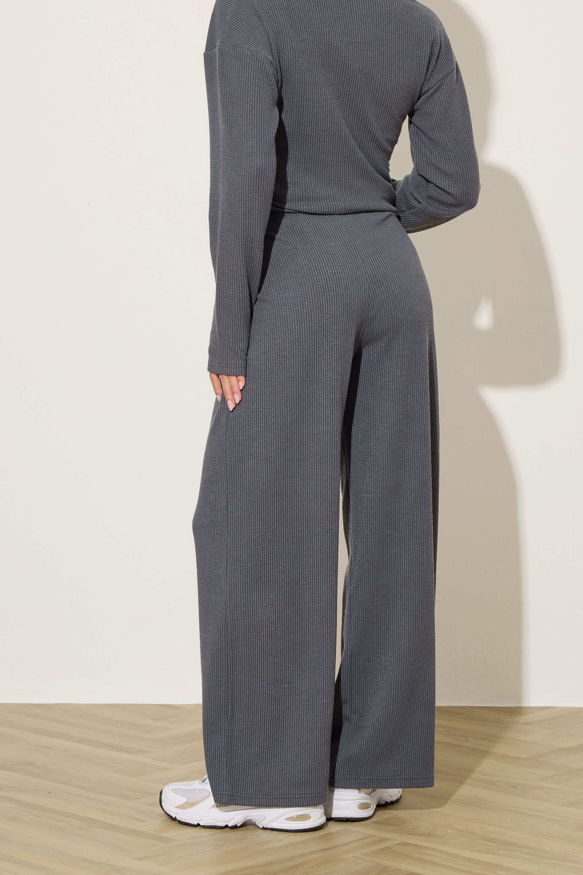 PixieGirl Petite Women's Charcoal Grey Textured Wide Leg Trousers | PixieGirl 2