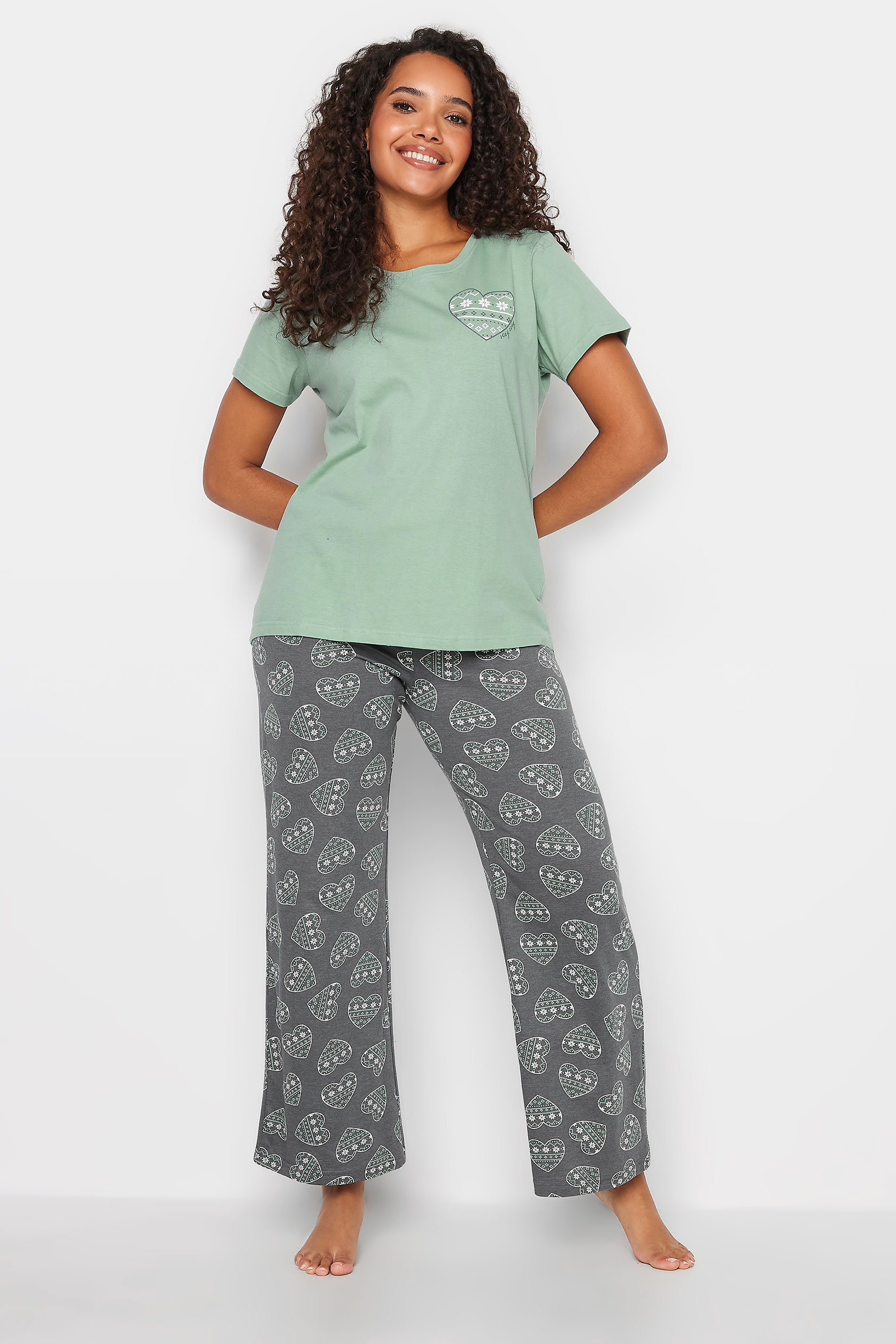 M&Co Green & Grey Cotton Fairisle Heart Print Wide Leg Pyjama Set | M&Co 2