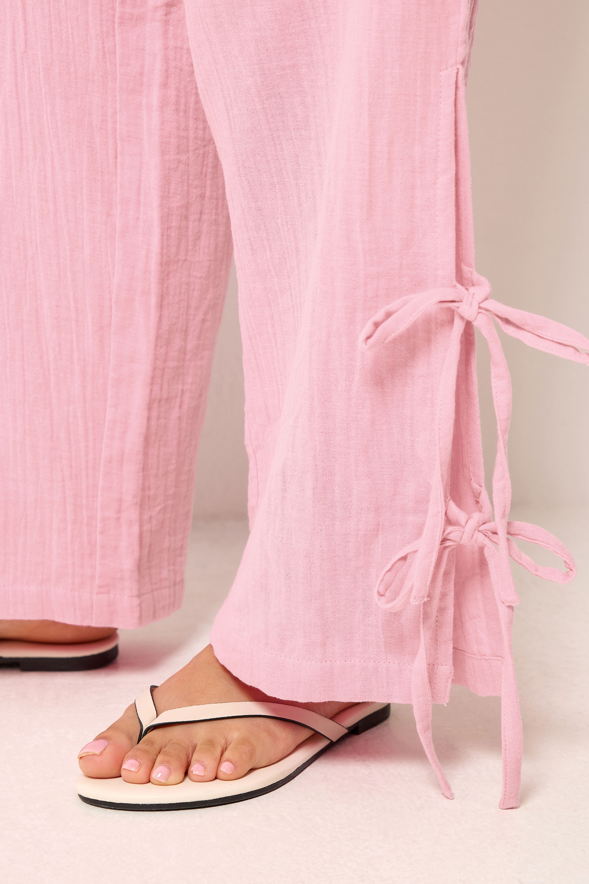 PixieGirl Petite Women's Pink Tie Detail Cotton Cheesecloth Wide Leg Trousers | PixieGirl 2