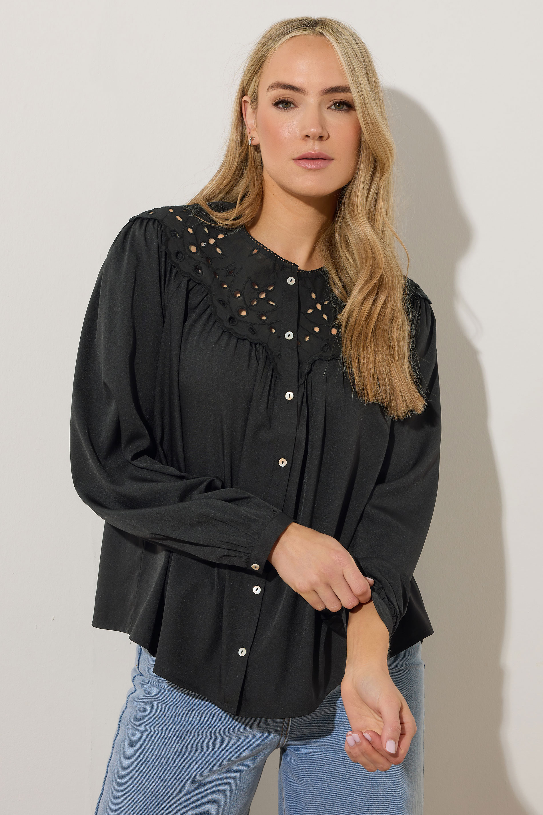 LTS Tall Black Woven Broderie Bib Blouse | Long Tall Sally 3