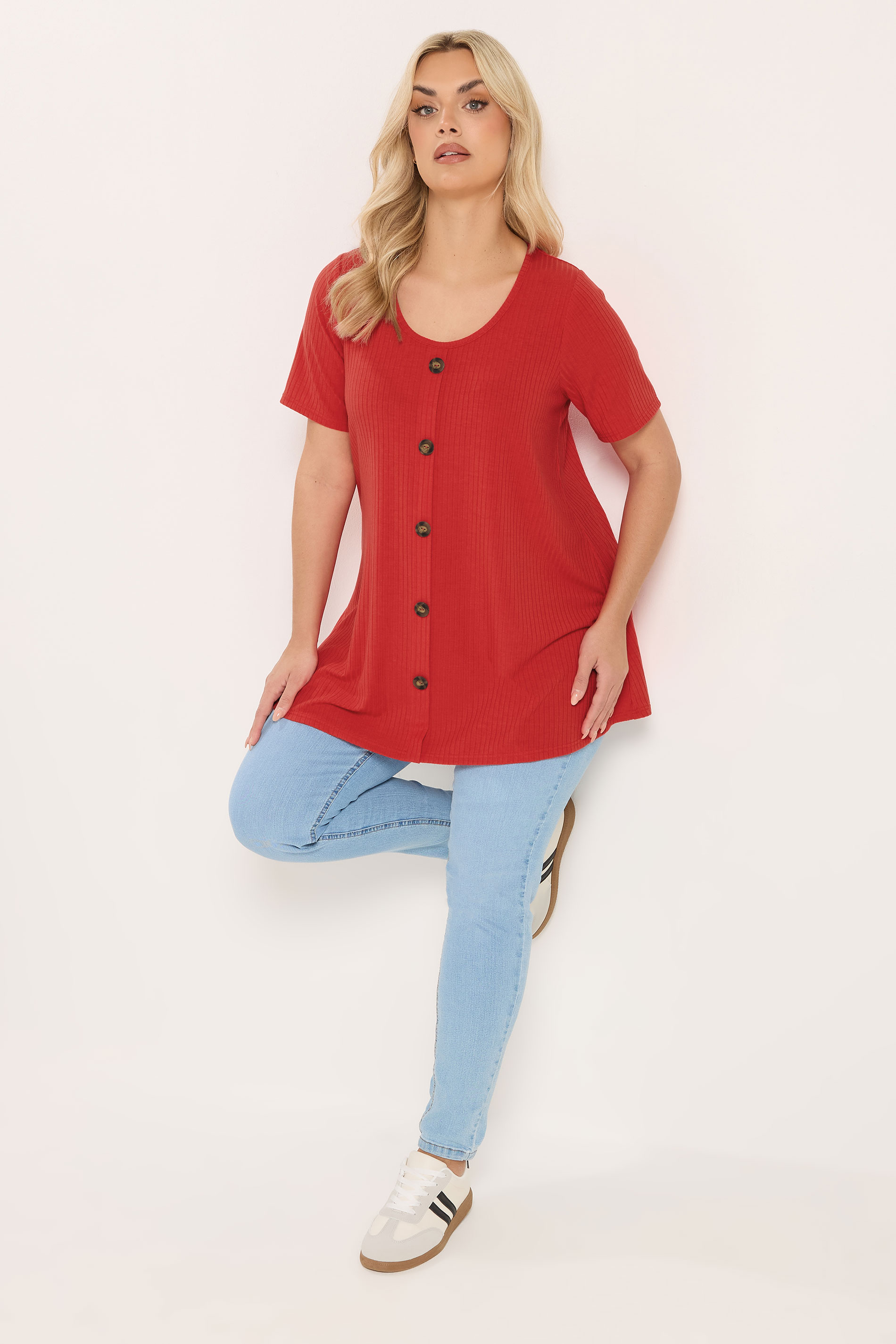 YOURS Plus Size Red Button Front Ribbed Swing Top | Yours Clothing 2
