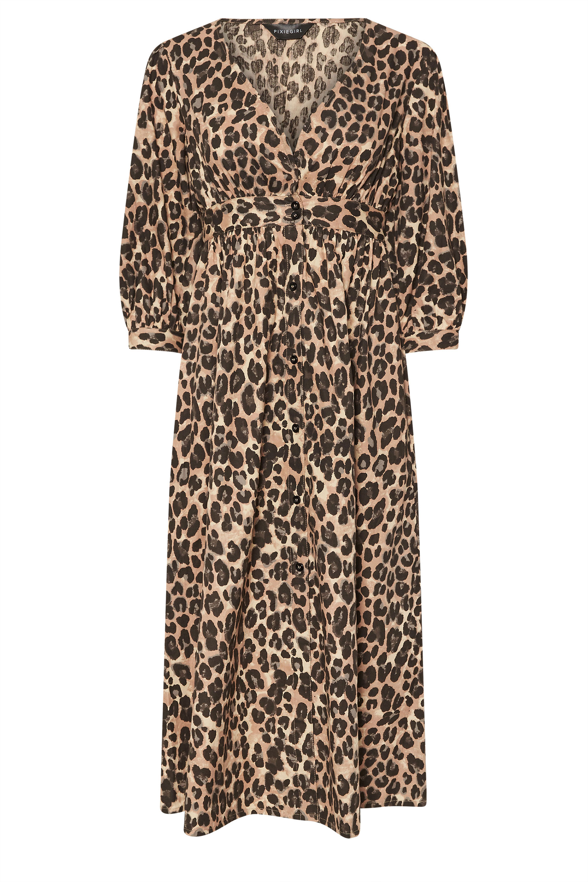 PixieGirl Petite Women's Brown Leopard Print Button Midi Dress | PixieGirl 5