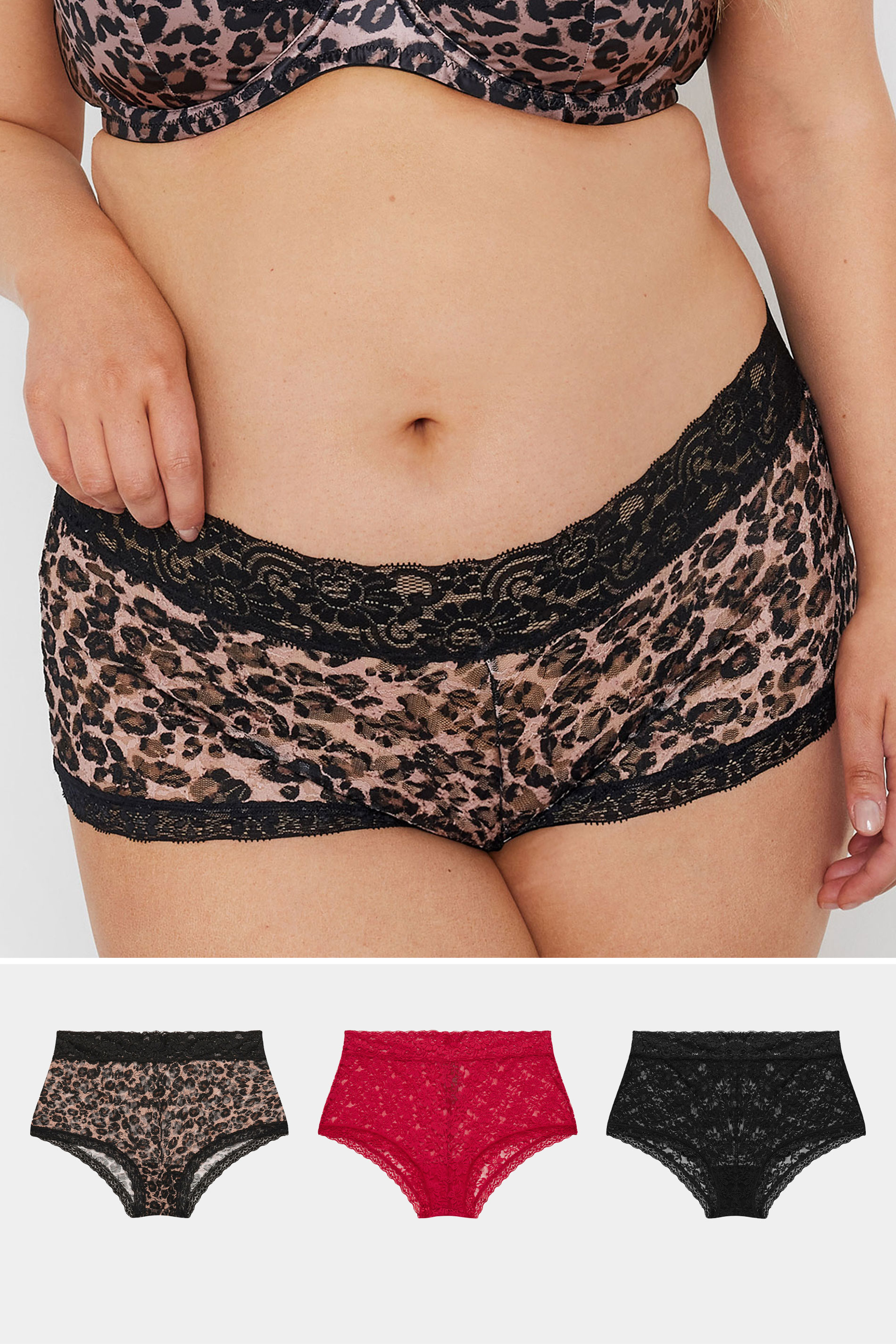 YOURSET Plus Size 3 PACK Red & Black Leopard Print Lace Mid Rise Shorts | Yours Clothing 1