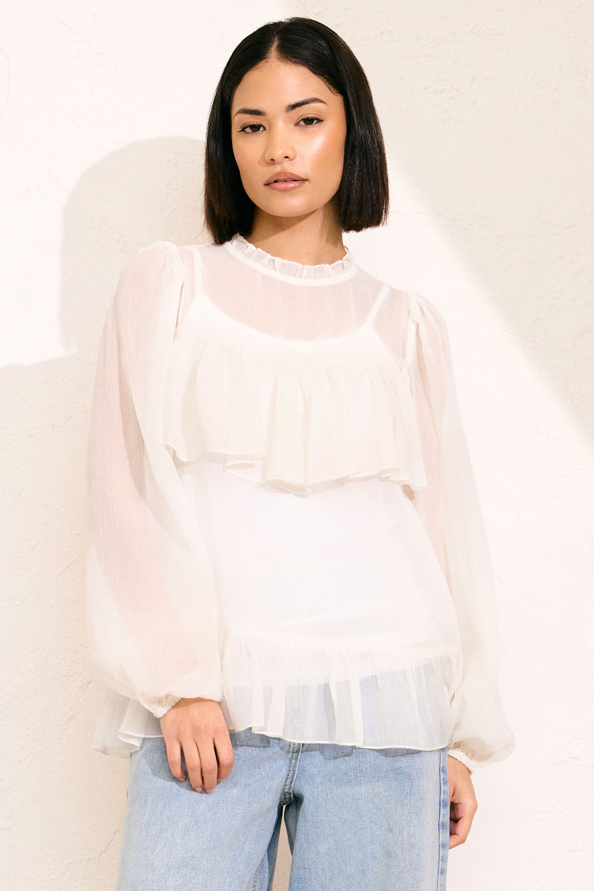 PixieGirl Petite Women's Ivory White Chiffon Frill Blouse | Long Tall Sally 1