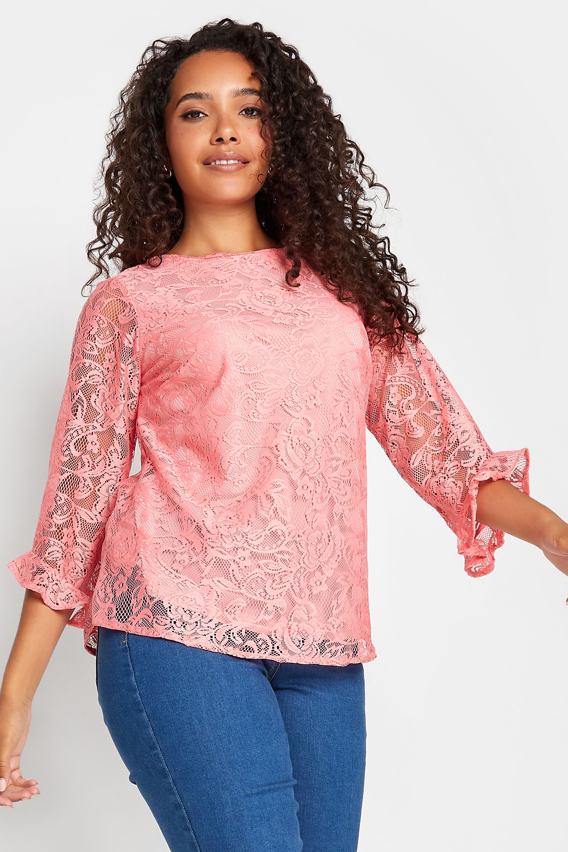 M&Co Light Pink Floral Lace Long Sleeve Blouse | M&Co 1
