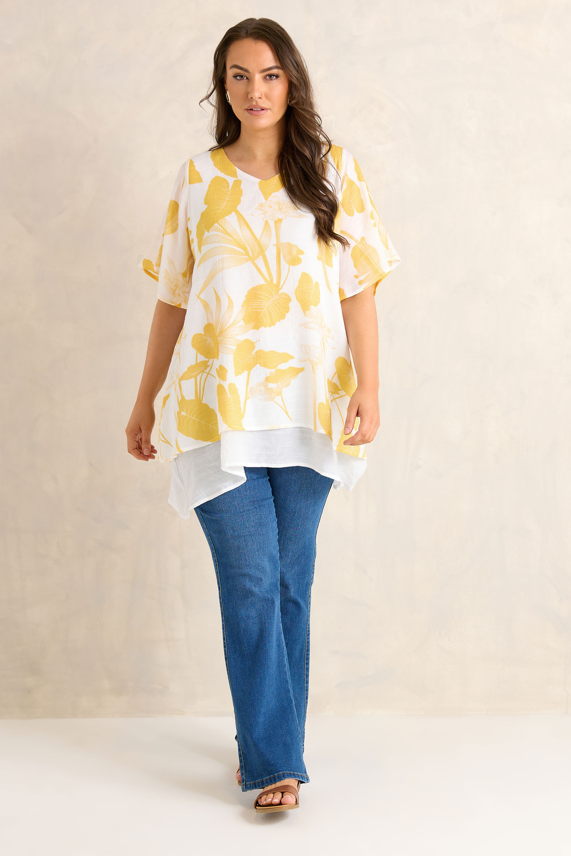 EVANS Plus Size Yellow Floral Double Layer Angel Top | Evans 1