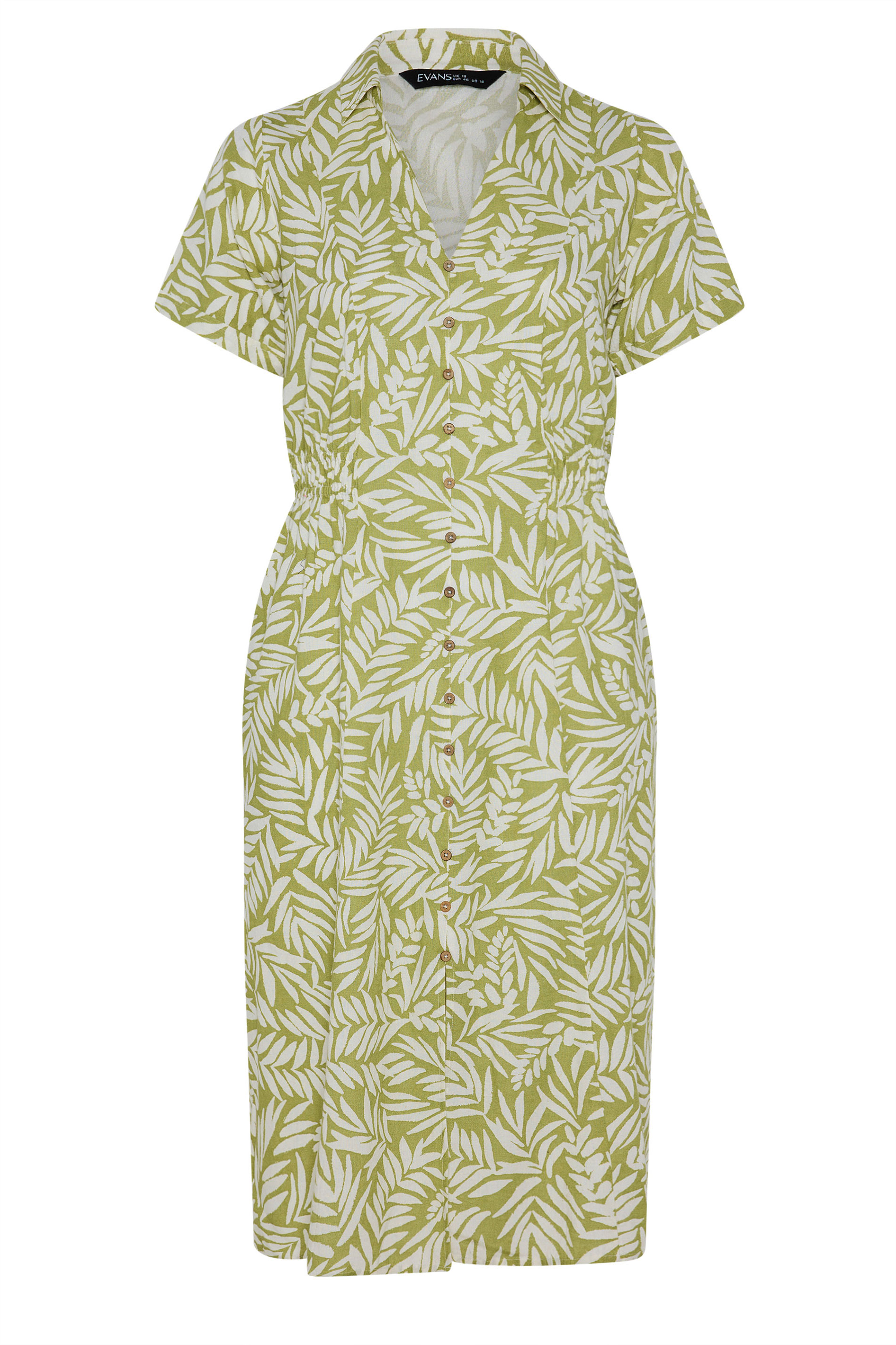 EVANS Plus Size Green Leaf Print Shirred Waist Midi Linen Dress | Evans 6
