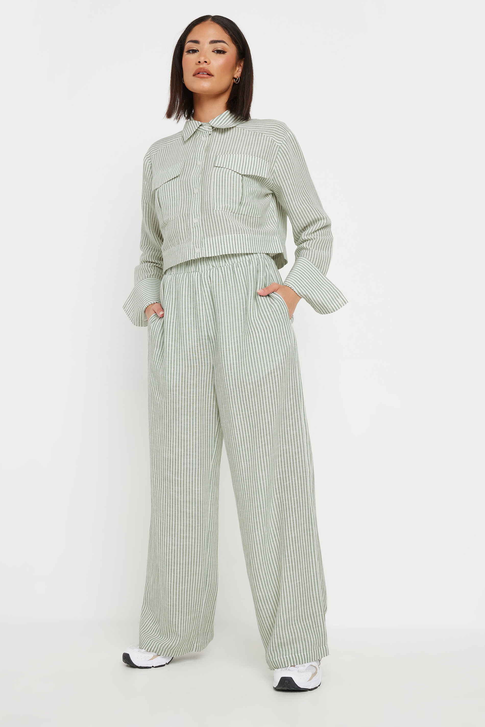 PixieGirl Petite Women's Green Linen Striped Wide Leg Trousers | PixieGirl 3