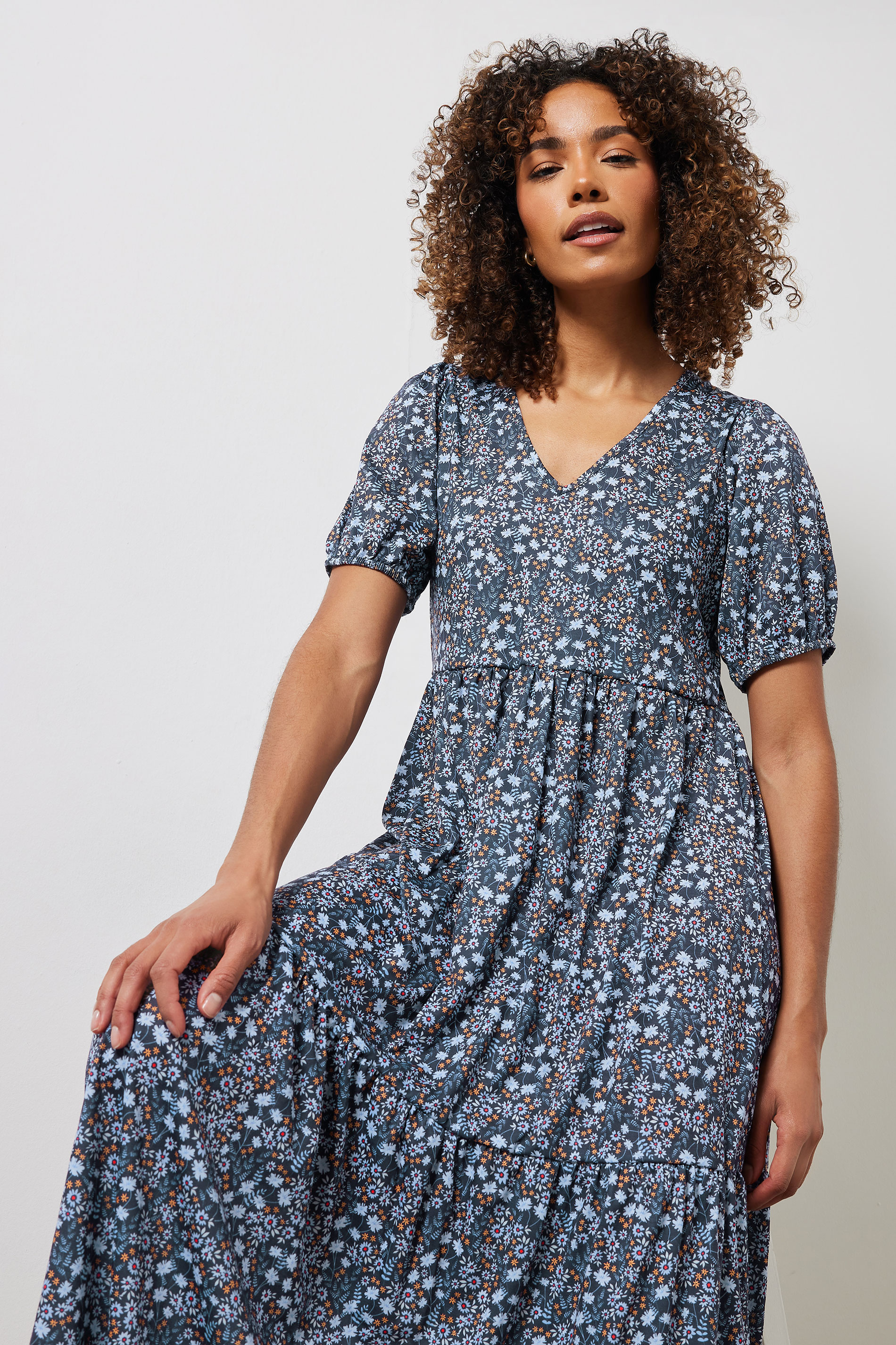 M&Co Navy Blue Ditsy Floral Print V-Neck Tiered Dress | M&Co 4