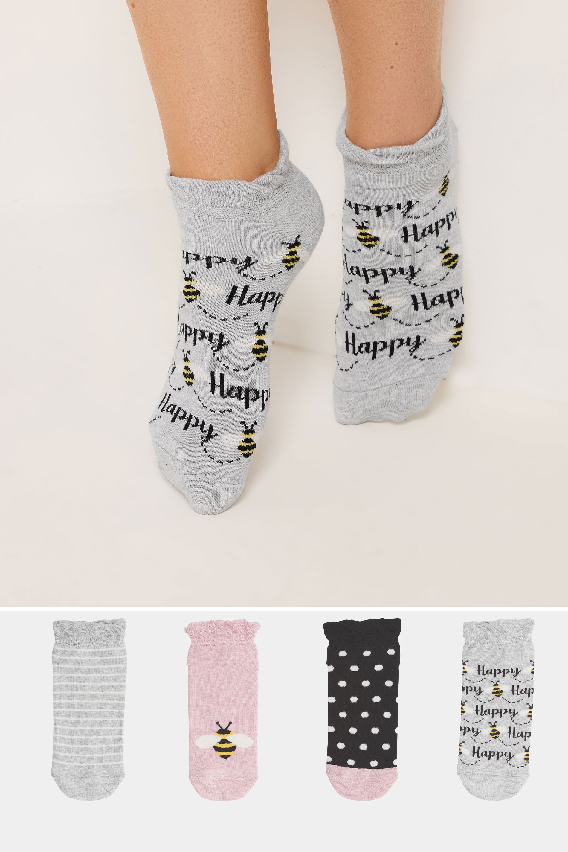 YOURSET 4 PACK Plus Size Grey & Pink Bee Print Ankle Socks | Yours Clothing 1