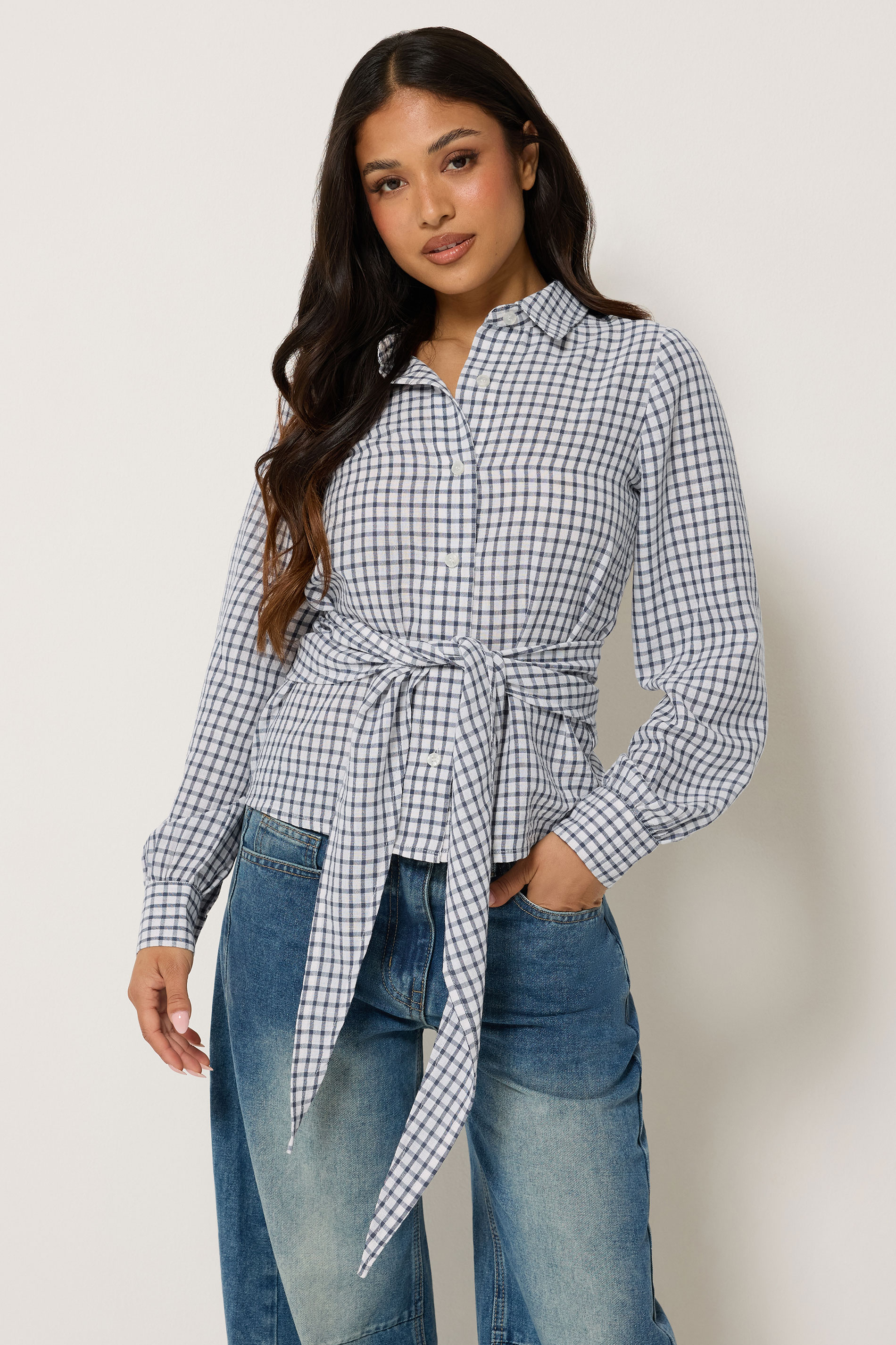 PixieGirl Petite Women’s Navy Blue Check Cotton Bandana Shirt | PixieGirl 3