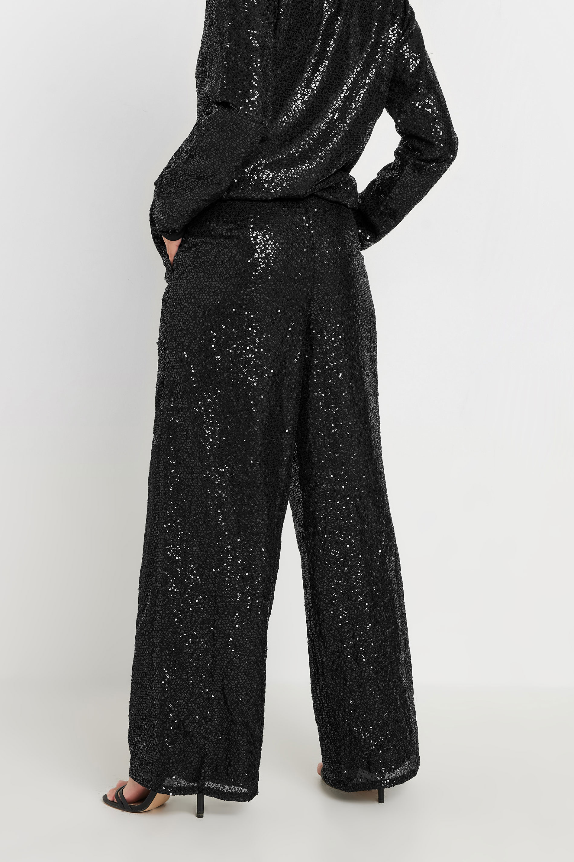 PixieGirl Petite Women's Black Sequin Embellished Wide Leg Trousers | PixieGirl 5