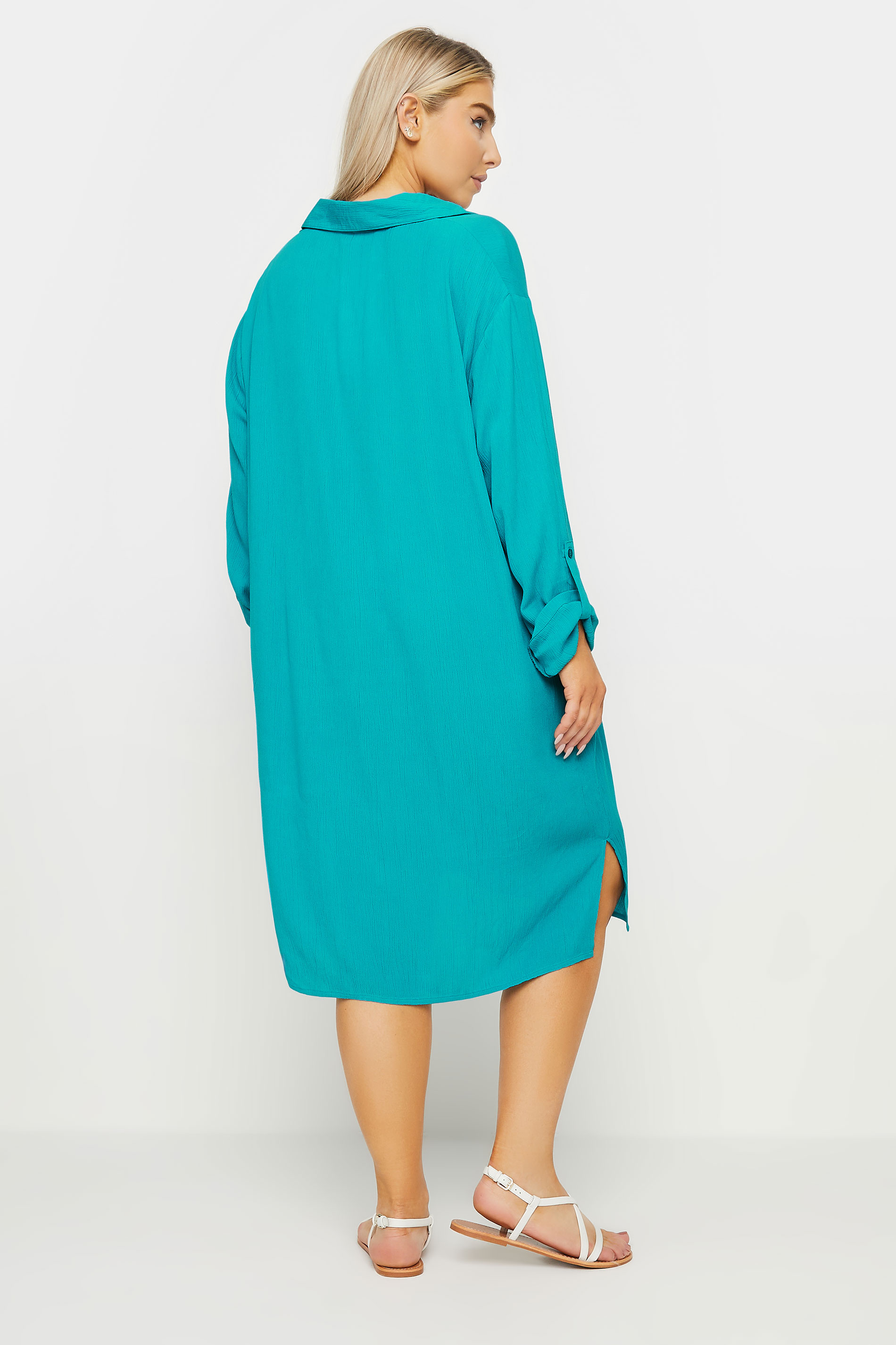 M&Co Turquoise Blue Long Sleeve Crinkle Shirt Dress | M&Co 3