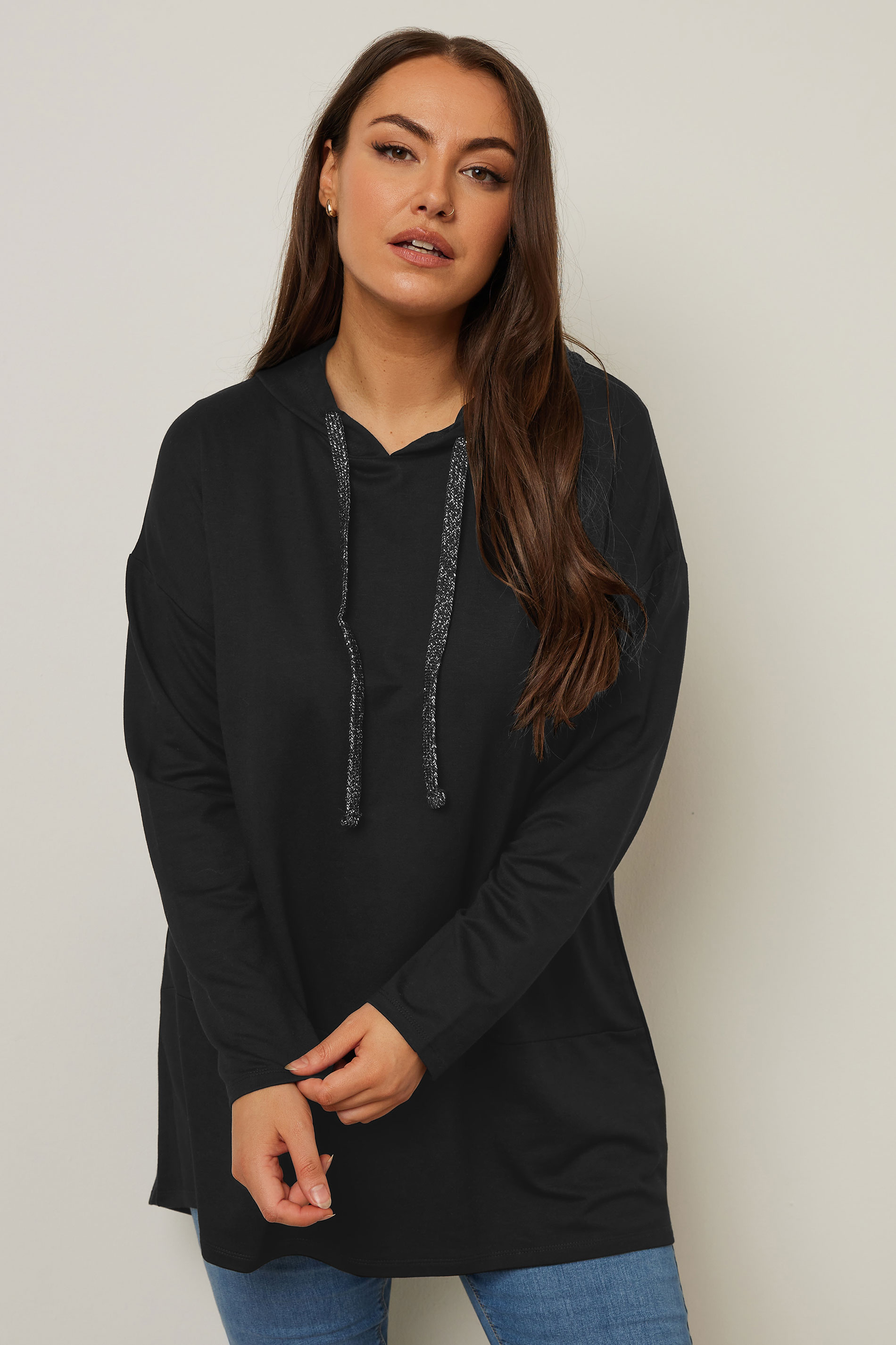 YOURS Plus Size Black Metallic Drawstring Hoodie | Yours Clothing 1