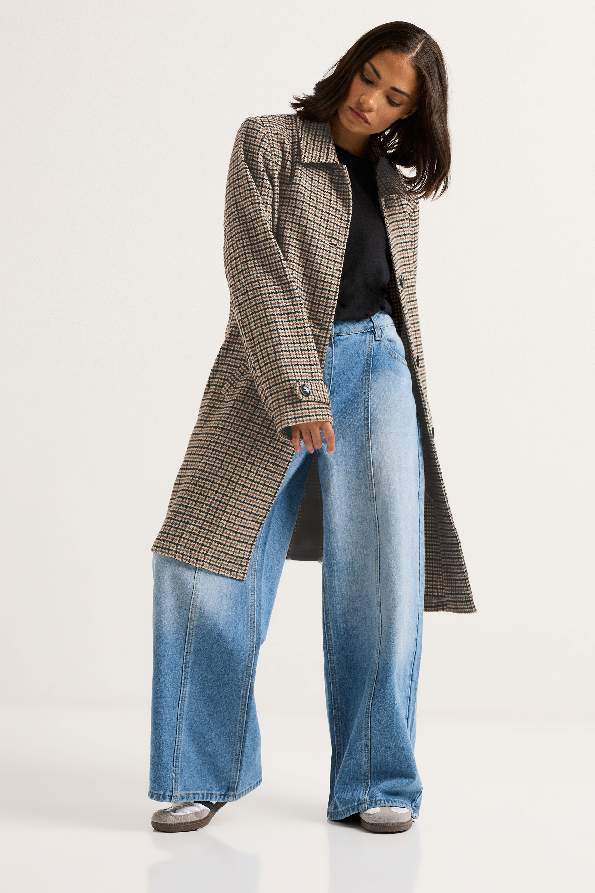 PixieGirl Petite Women's Beige Brown Check Midi Coat | PixieGirl 1