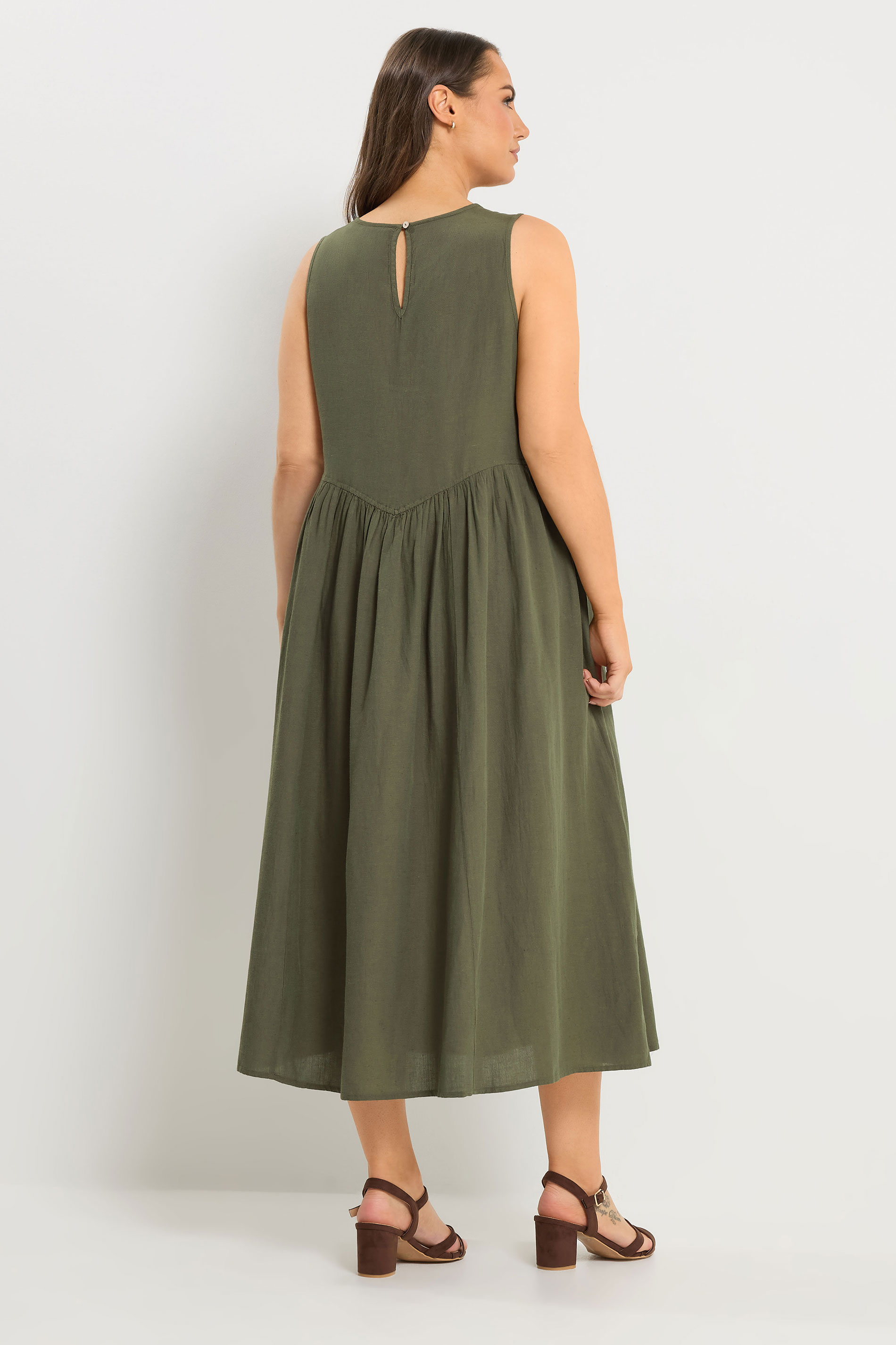 YOURS Plus Size Khaki Green Sleeveless Linen Midi Dress | Yours Clothing 4