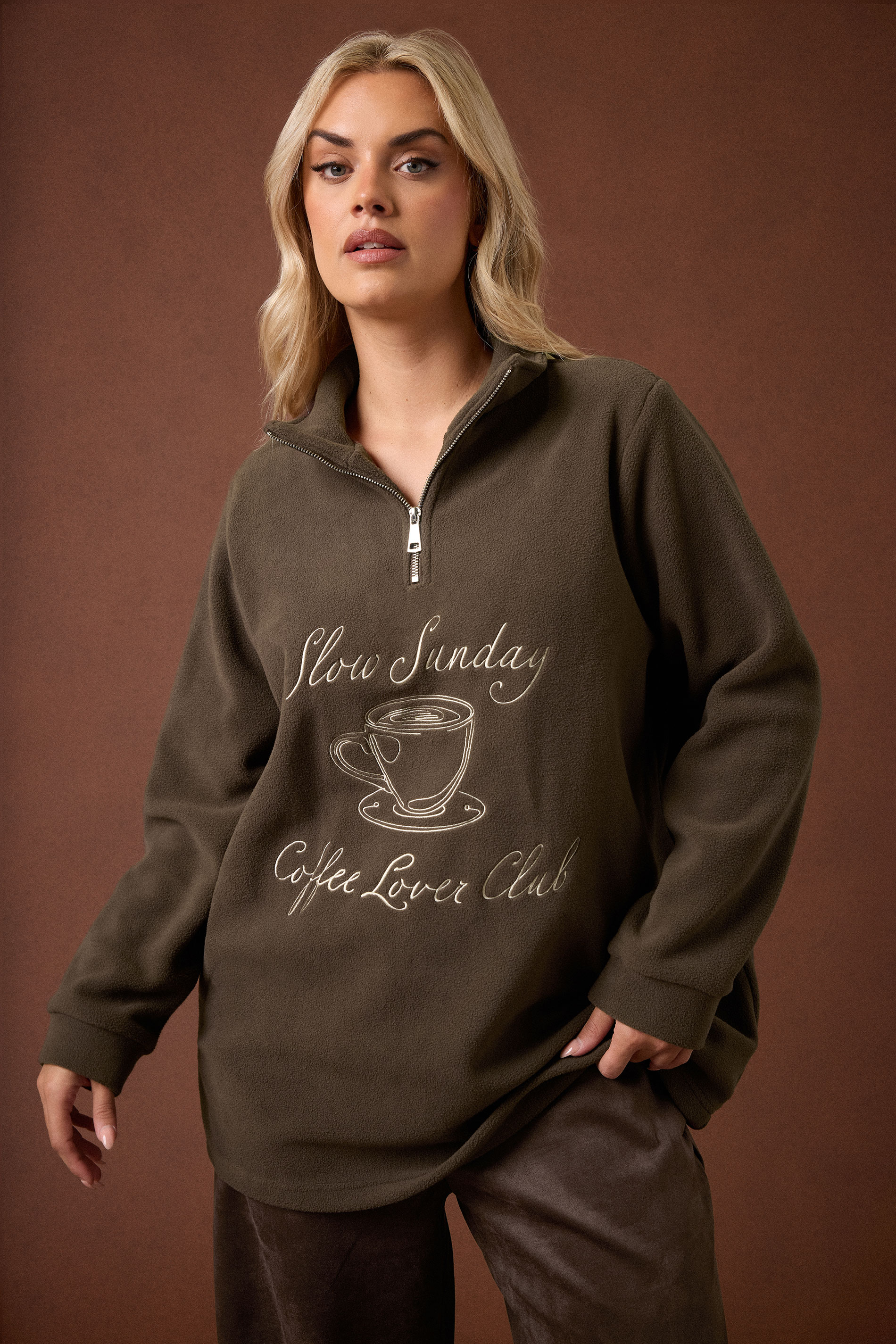 YOURS Plus Size Chocolate Brown 'Coffee Lover Club' Quarter Zip Fleece | Yours Clothing 1