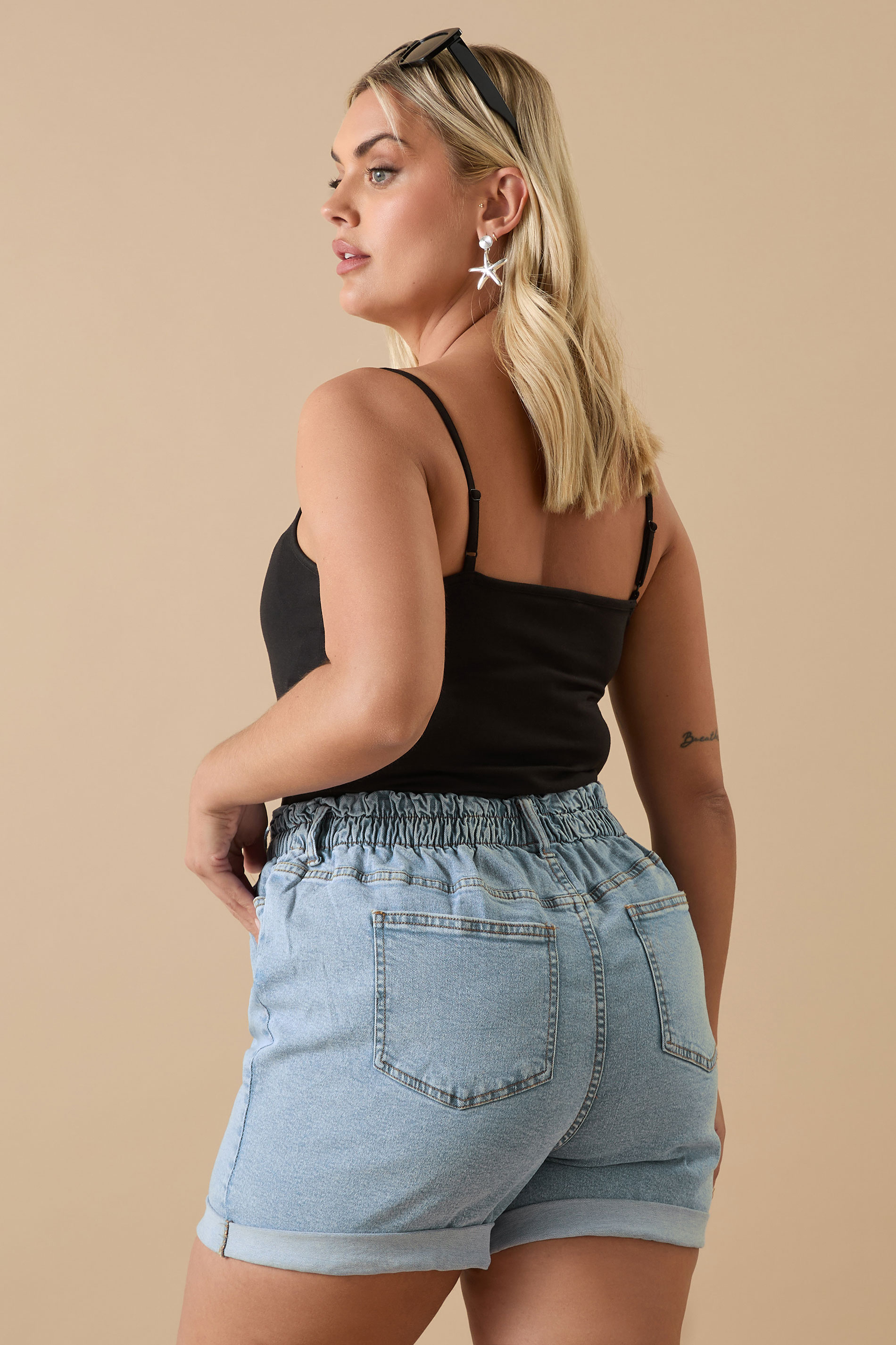 YOURS Plus Size Light Blue Elasticated Waist Turn Up Denim Shorts | Yours Clothing 2
