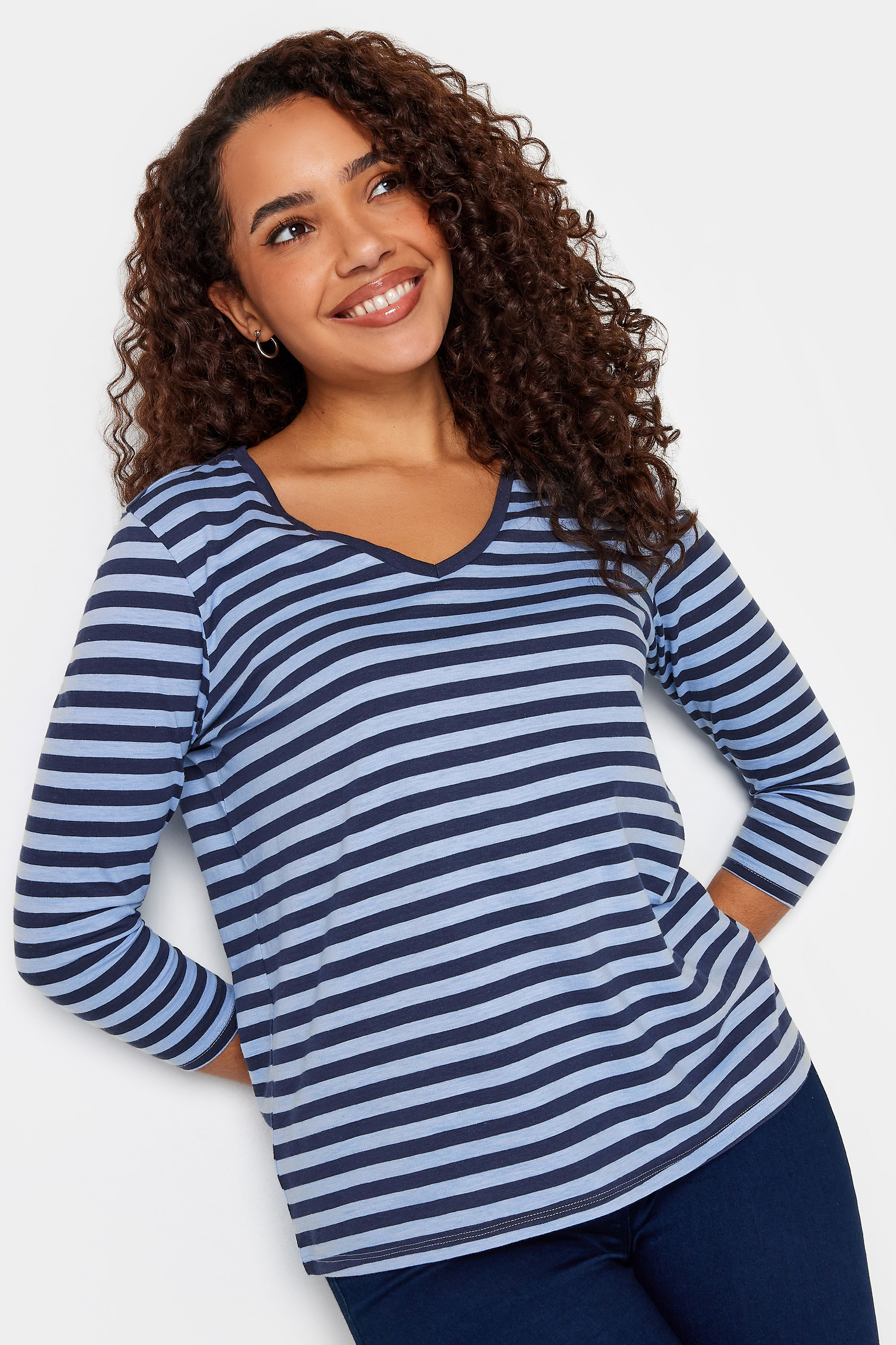 M&Co 2 Pack Navy Blue Plain & Stripe V-Neck Cotton T-Shirts | M&Co 2