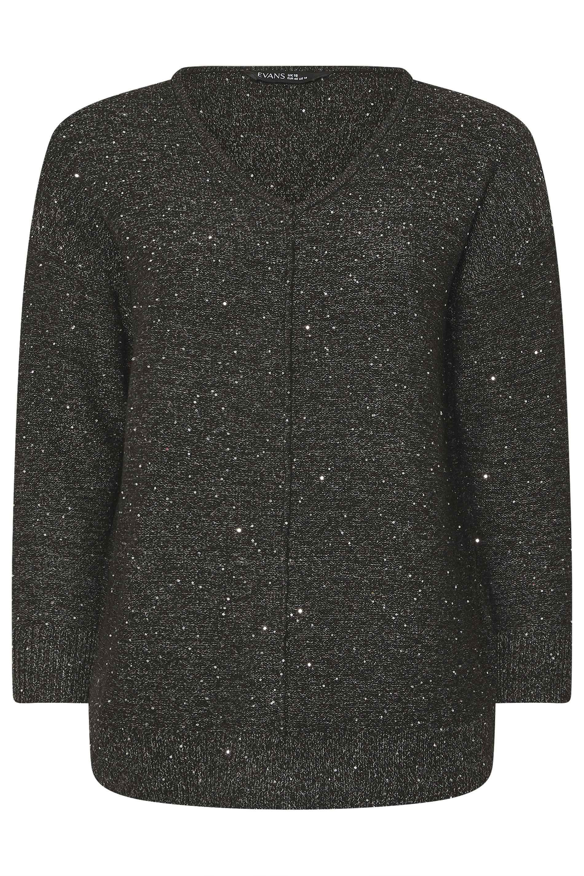 EVANS Plus Size Black Sequin Embellished V-Neck Jumper | Evans 5