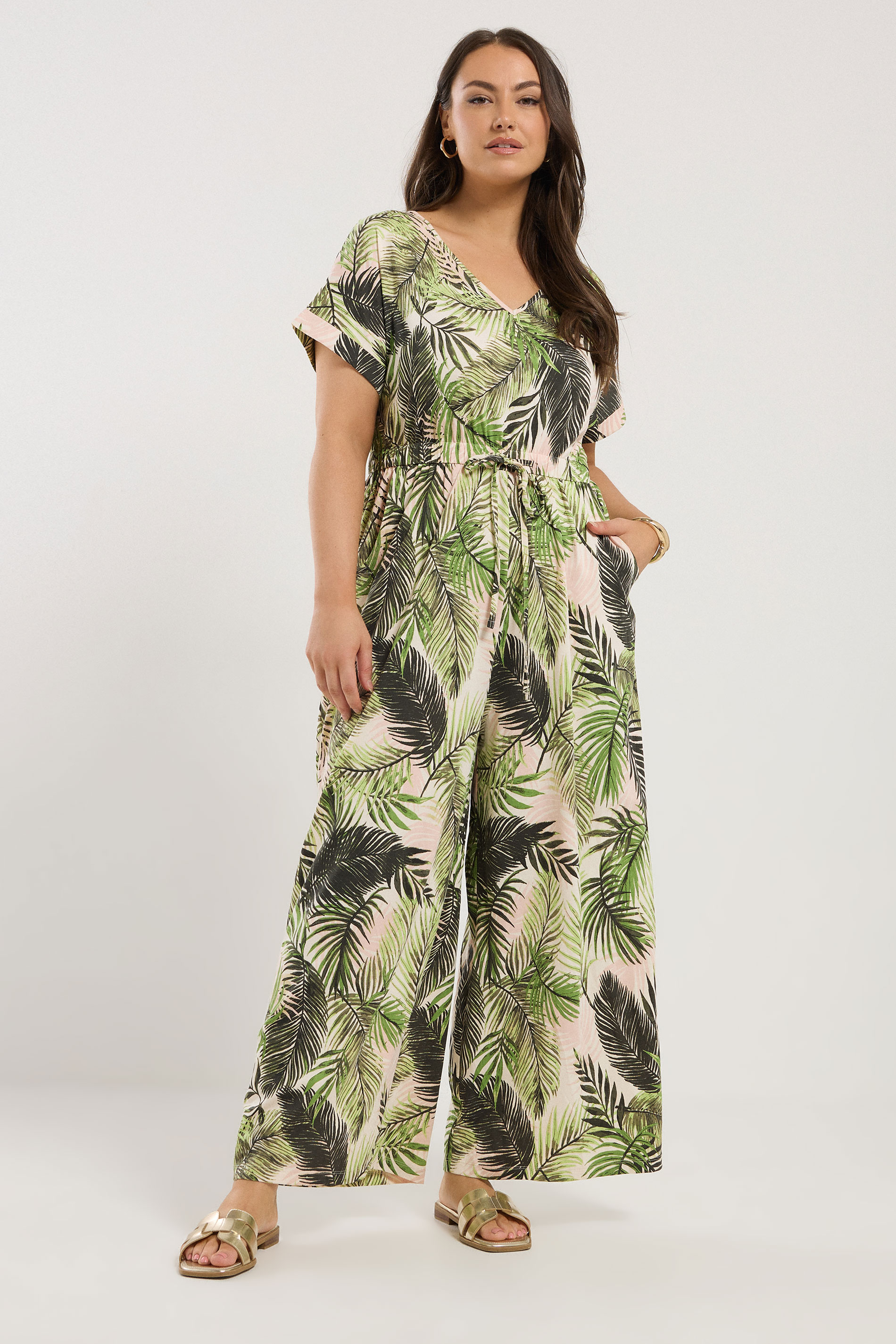YOURS Plus Size White Palm Print Tie Front Jumpsuit | Yours Clothing 1