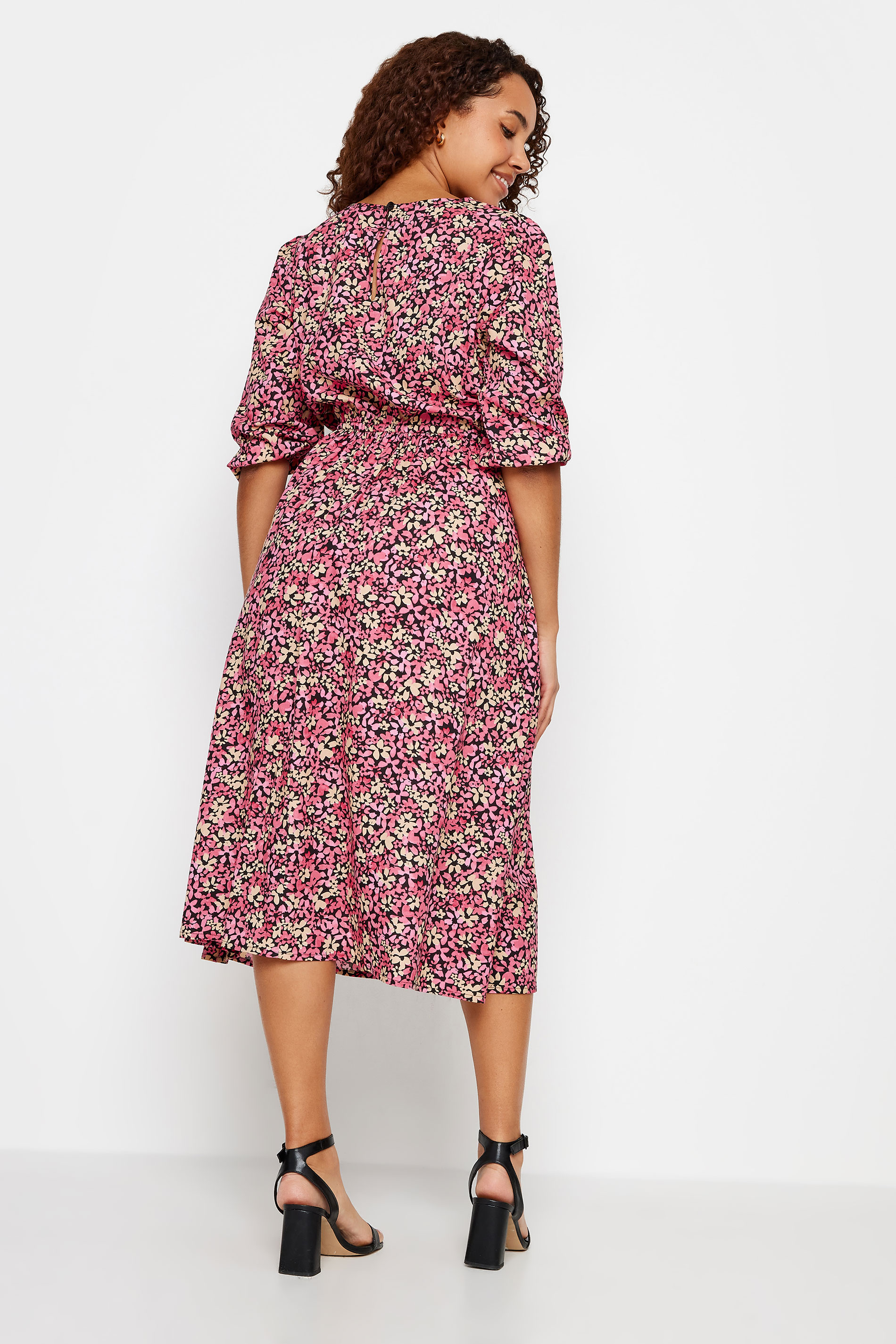M&Co Pink Floral Shirred Waist Long Sleeve Midi Dress | M&Co 3