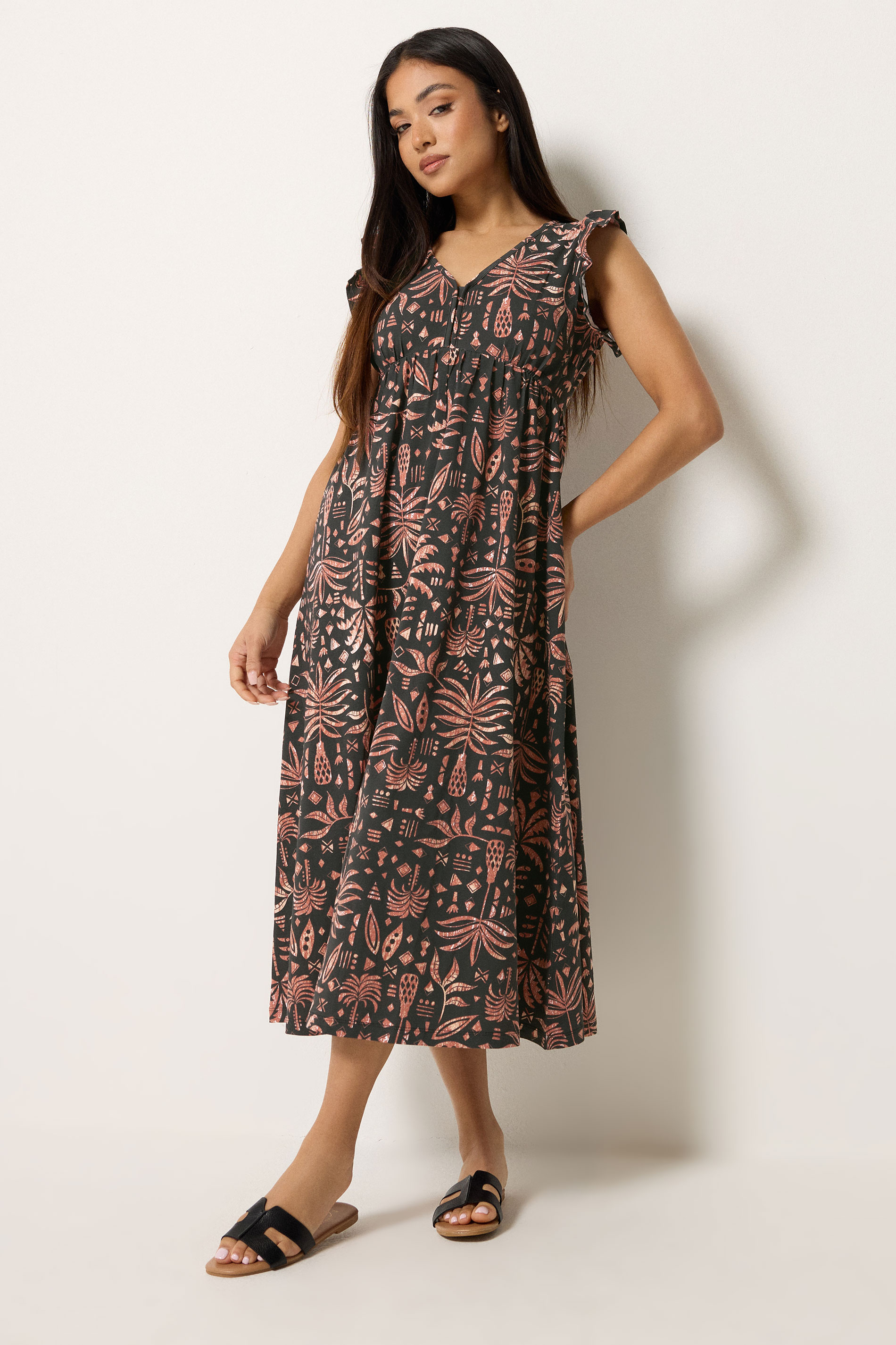 M&Co Petite Black Aztec Frill Sleeve Midi Dress | M&Co 1