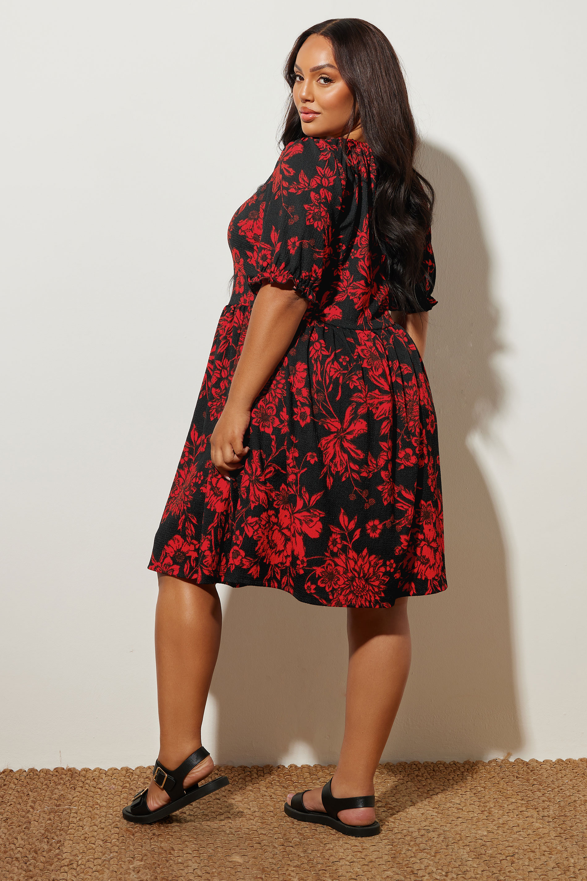 YOURS Plus Size Black & Red Floral Tie Neck Mini Dress | Yours Clothing 2