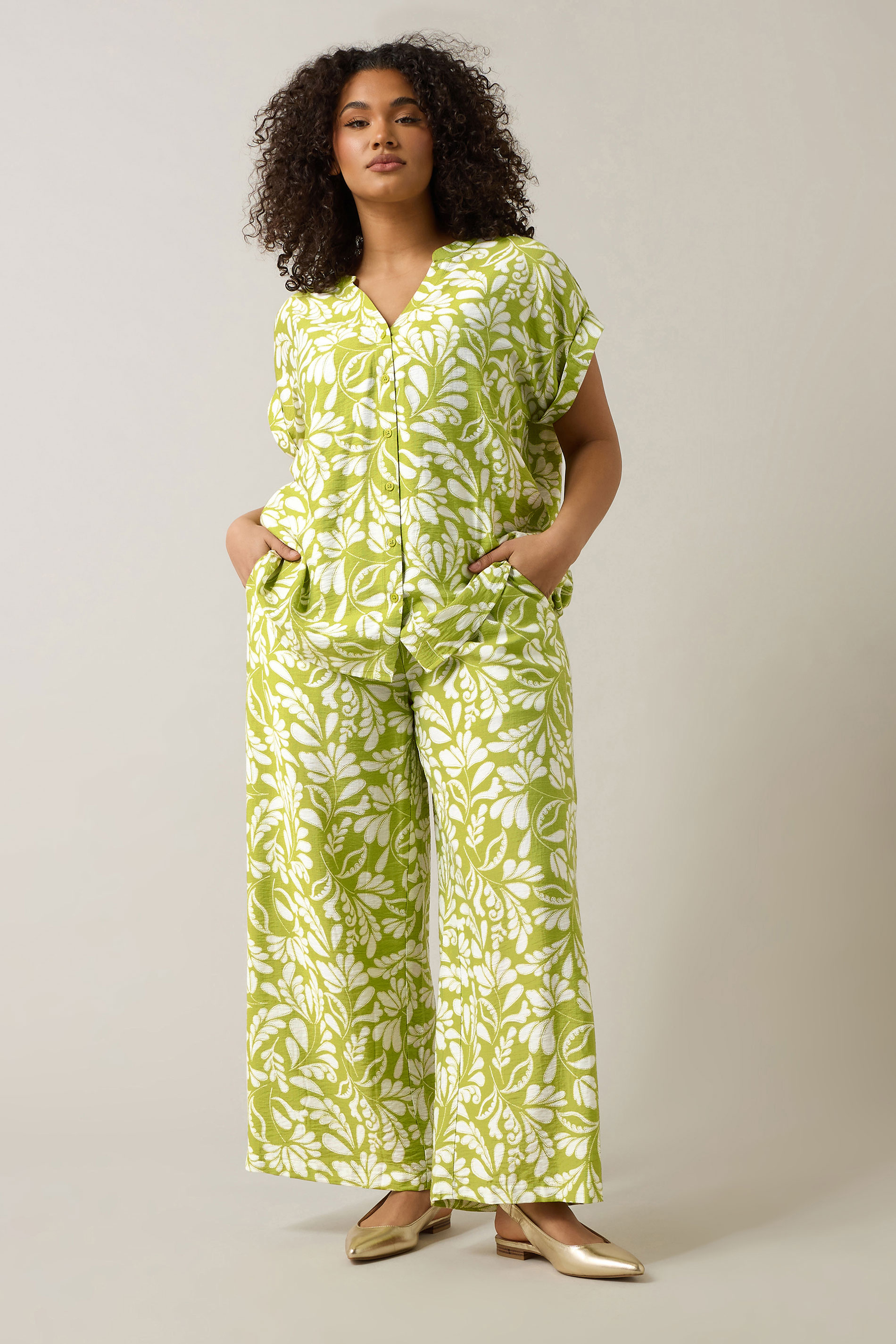 EVANS Plus Size Chartreuse Green Leaf Print Wide Leg Trousers | Evans 3