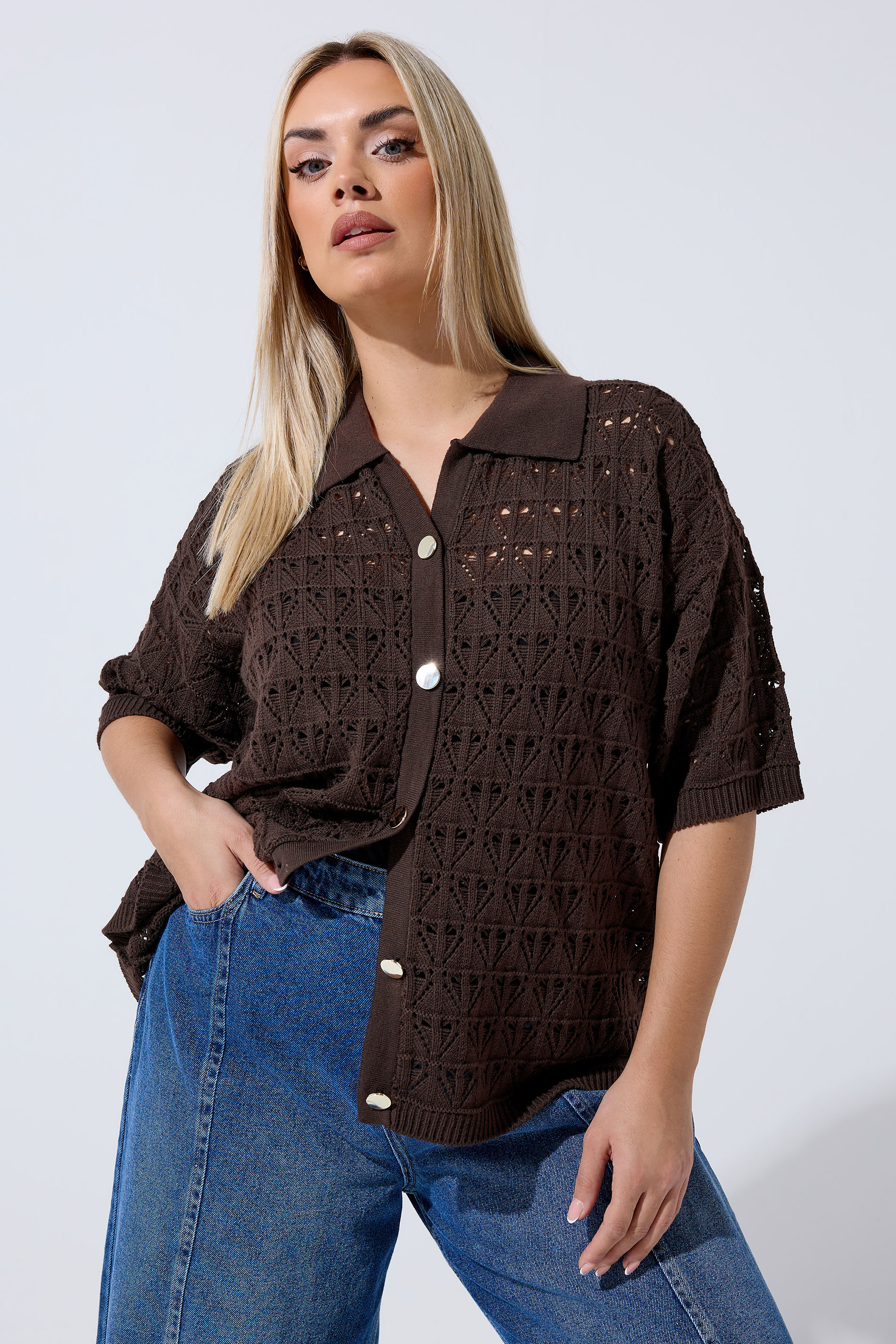LIMITED COLLECTION Plus Size Chocolate Brown Crochet Shirt | Yours Clothing 3