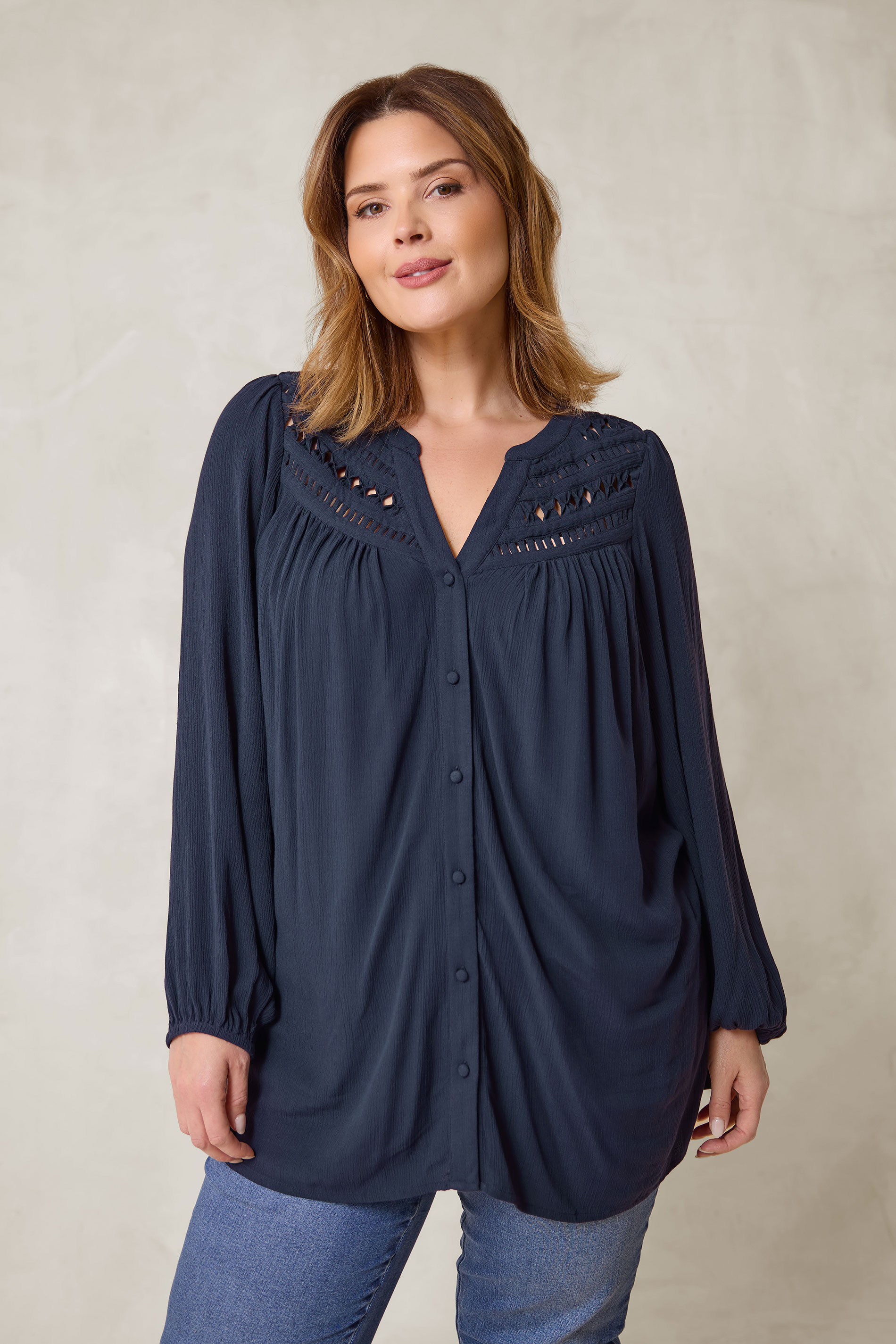 EVANS Plus Size Navy Blue Long Sleeve Macrame Blouse | Evans 1