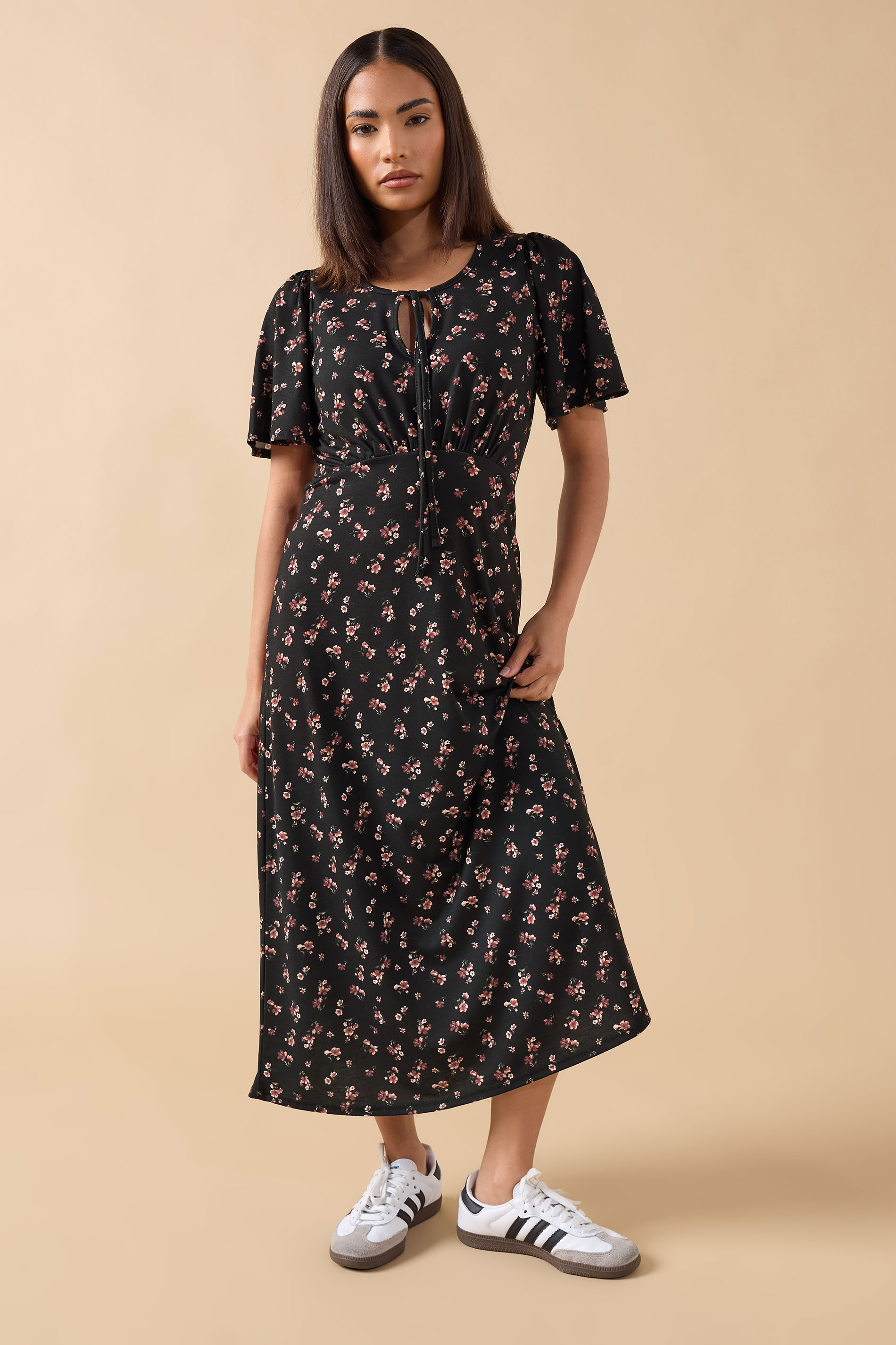 PixieGirl Petite Women's Black Ditsy FloralTie Front Midi Dress | PixieGirl 3