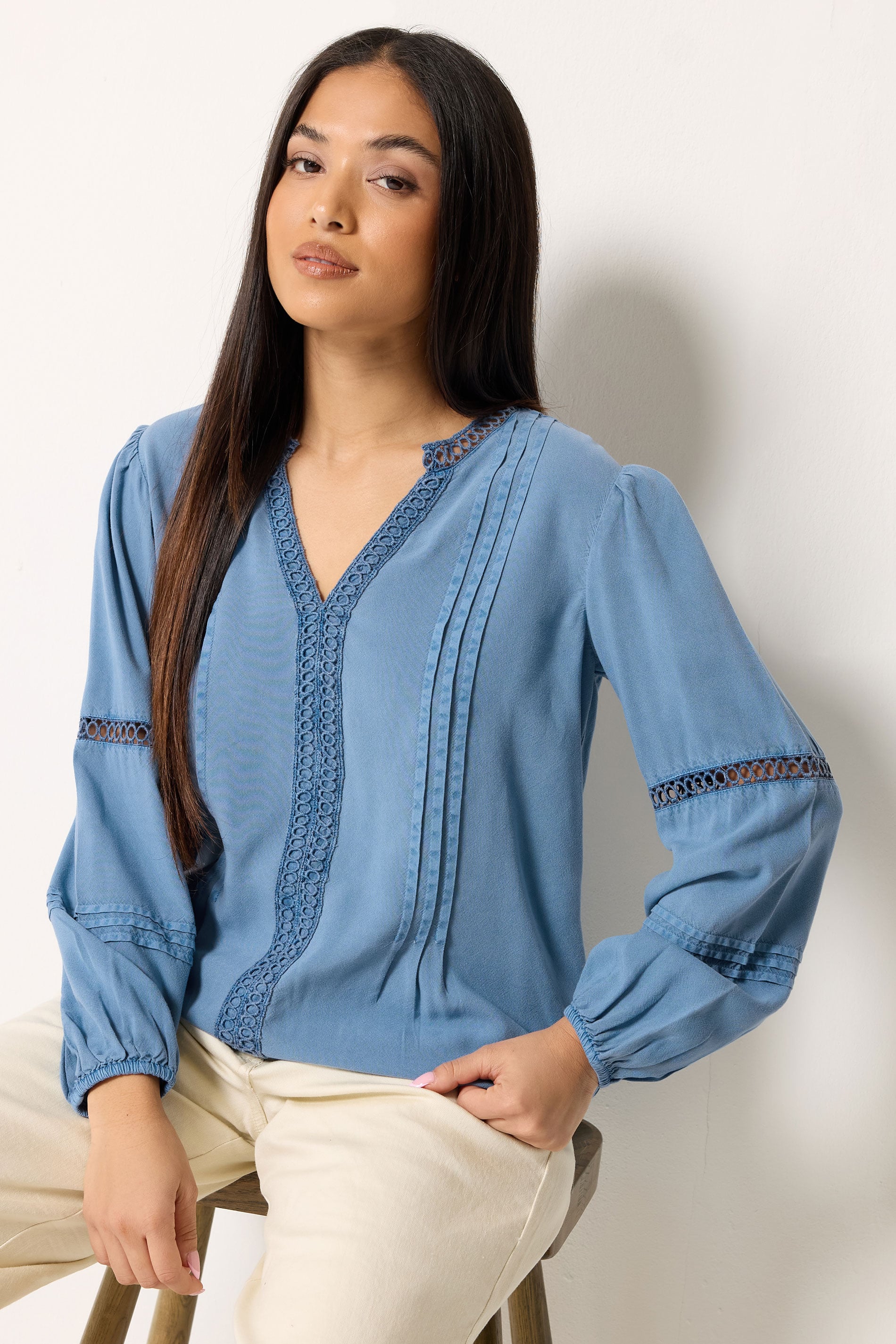 M&Co Petite Blue Lace Trim Pintuck Blouse | M&Co 3