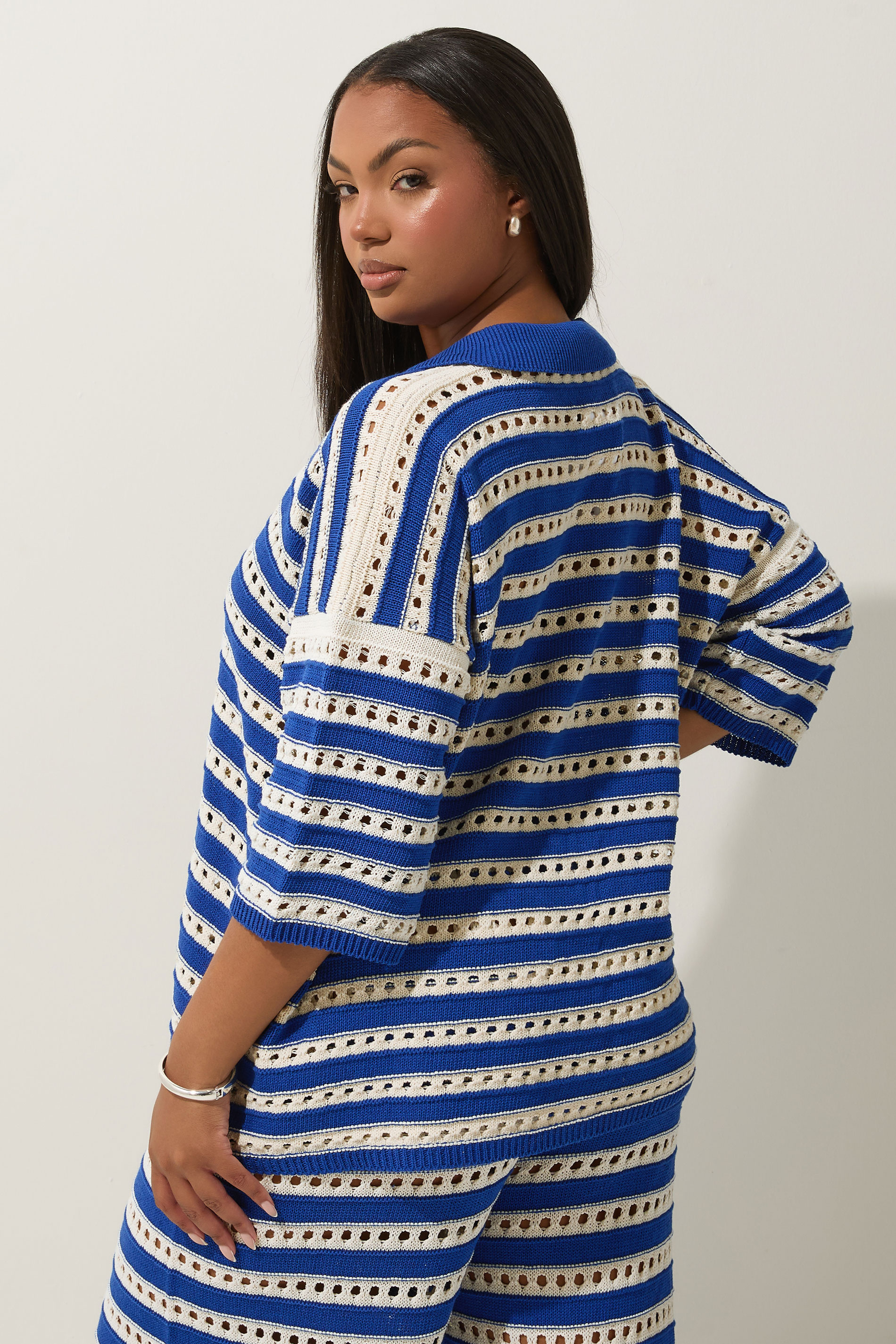 LIMITED COLLECTION Plus Size Blue & White Stripe Crochet Shirt | Yours Clothing 2