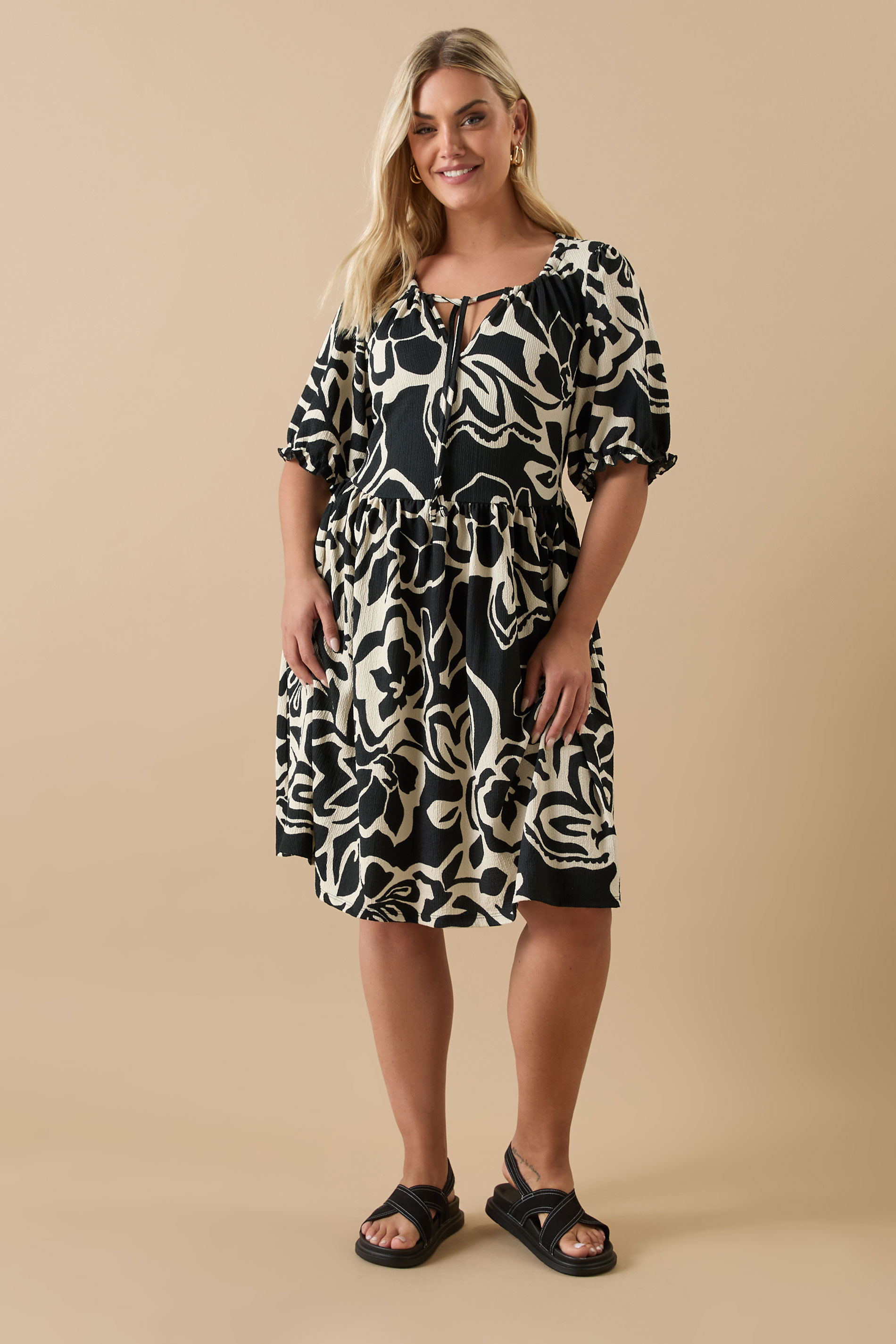 YOURS Plus Size Black Abstract Floral Tie Neck Mini Dress | Yours Clothing 1