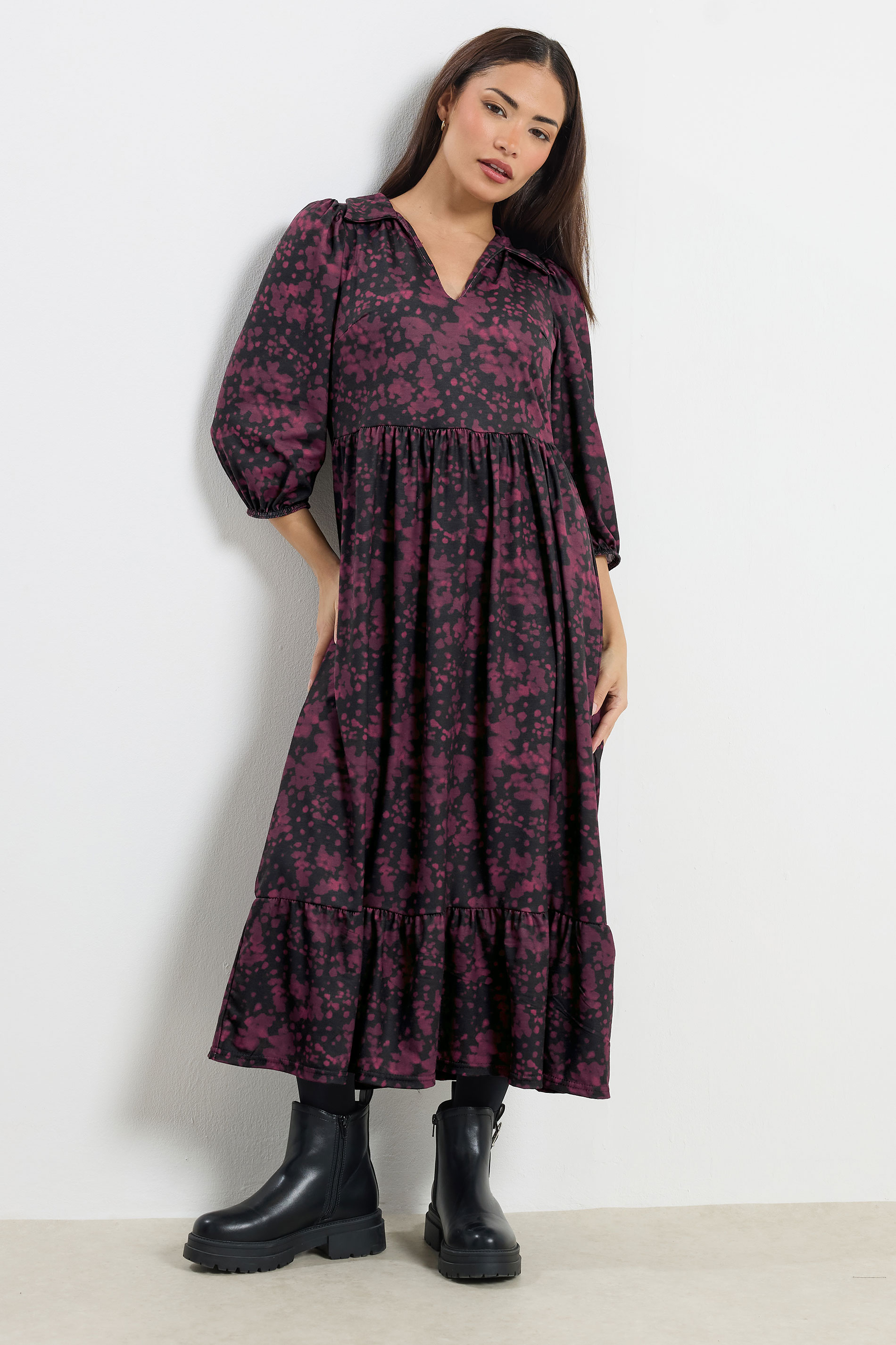 PixieGirl Petite Women's Burgundy Red Abstract Midi Dress | PixieGirl 3