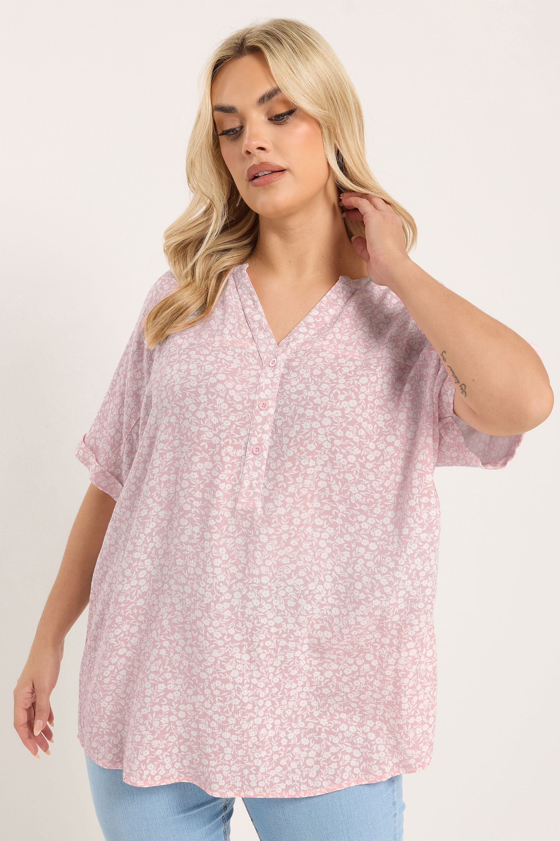 YOURS Plus Size Pink Crinkle Floral Notch Neck Top | Yours Clothing 3