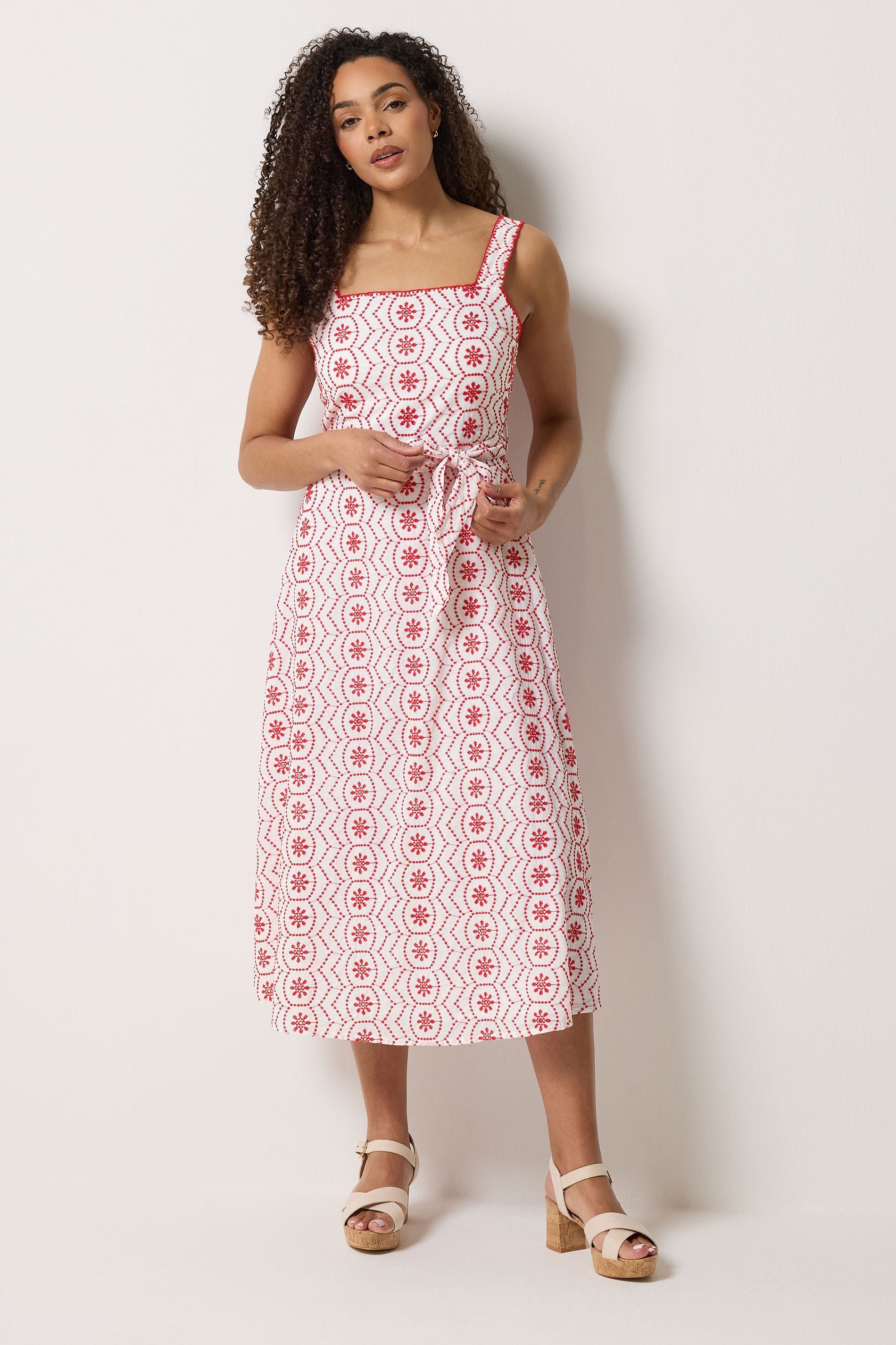 M&Co White & Red Embroidered Cotton Tie Waist Dress | M&Co 4