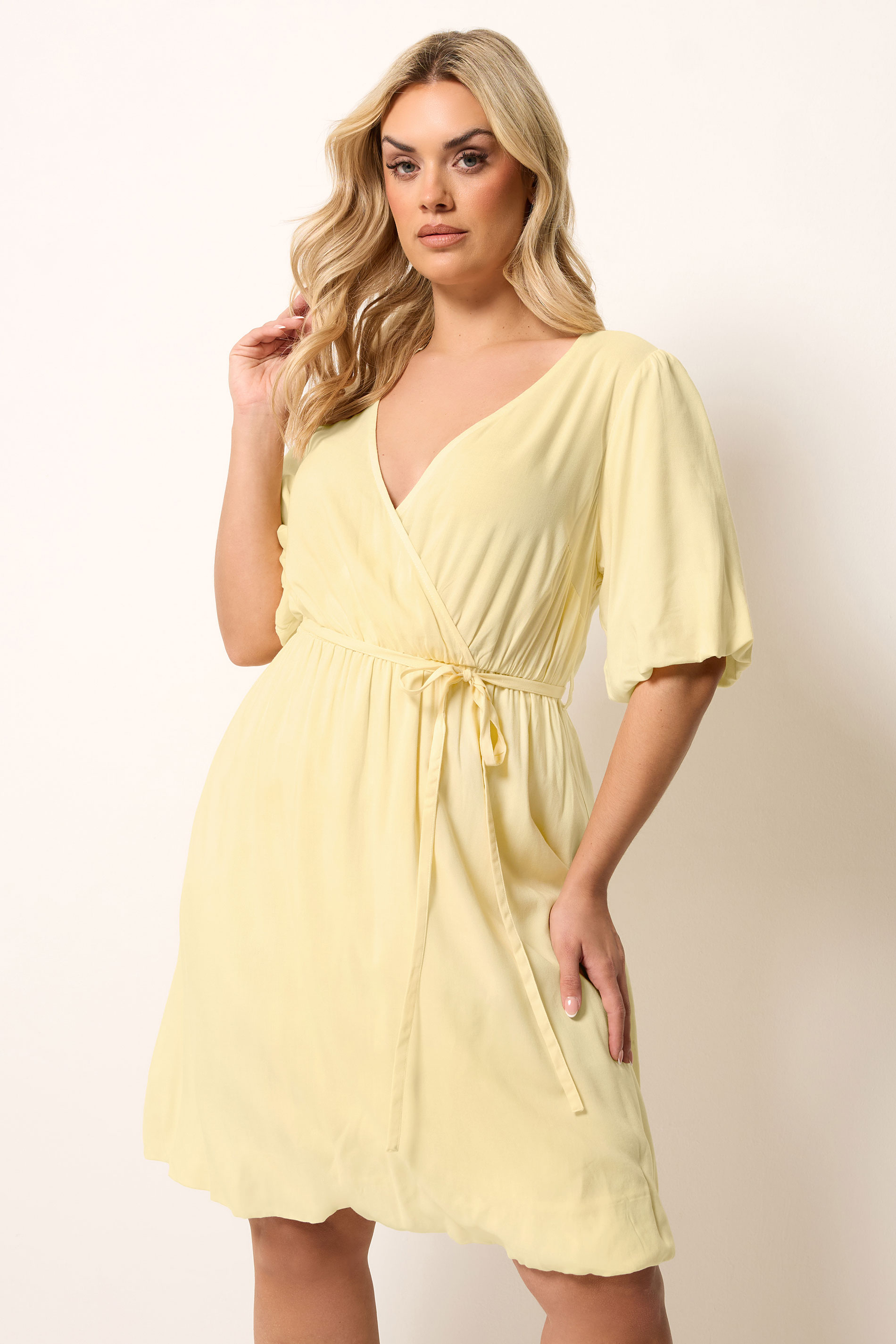 YOURS Plus Size Yellow Puff Ball Wrap Dress | Yours Clothing 3