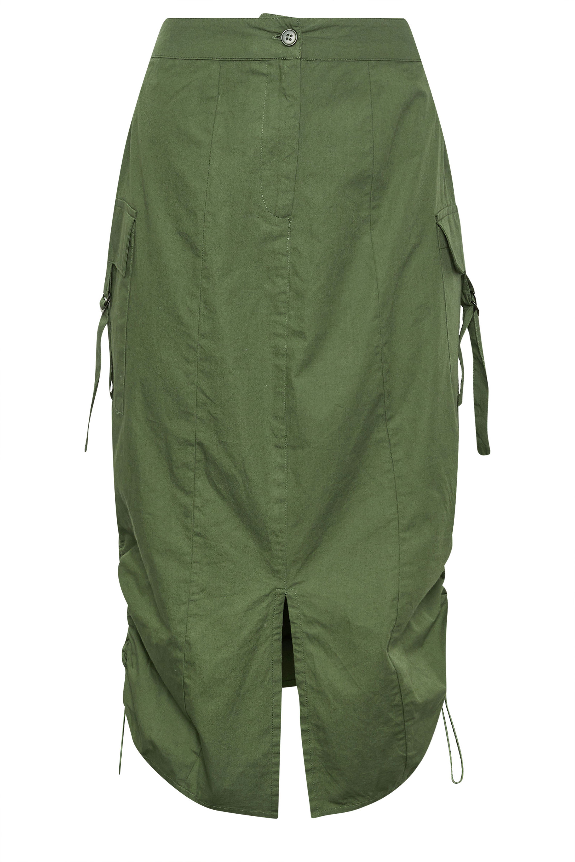 PixieGirl Khaki Green Ruched Cotton Cargo Midi Skirt | PixieGirl  5